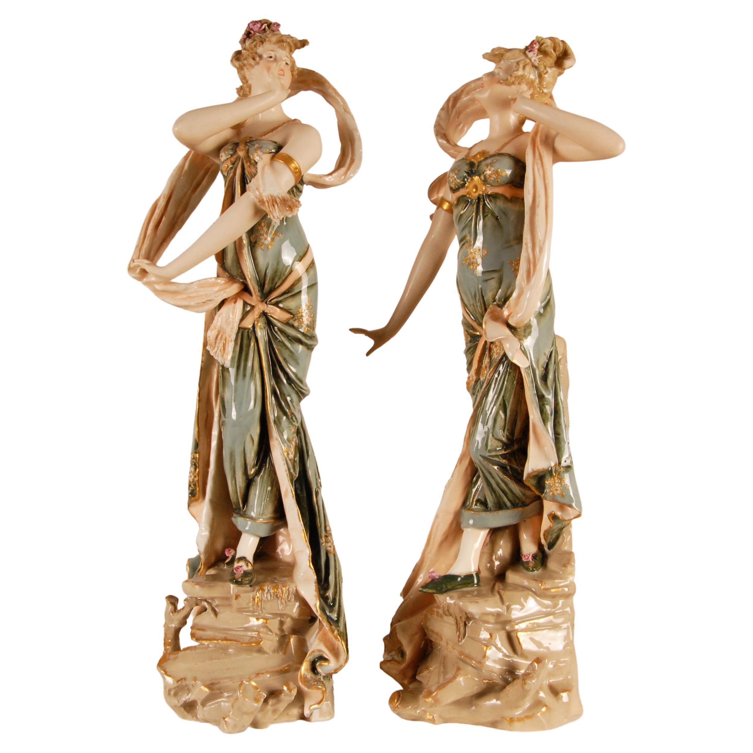Art Nouveau Ceramic Figurines Rstk Amphora Austria Turn Teplitz For Sale