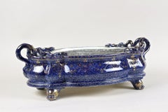 Jugendstil-Keramik-Jardinière/Mittelstück mit Schlangengriffen, Frankreich, um 1900