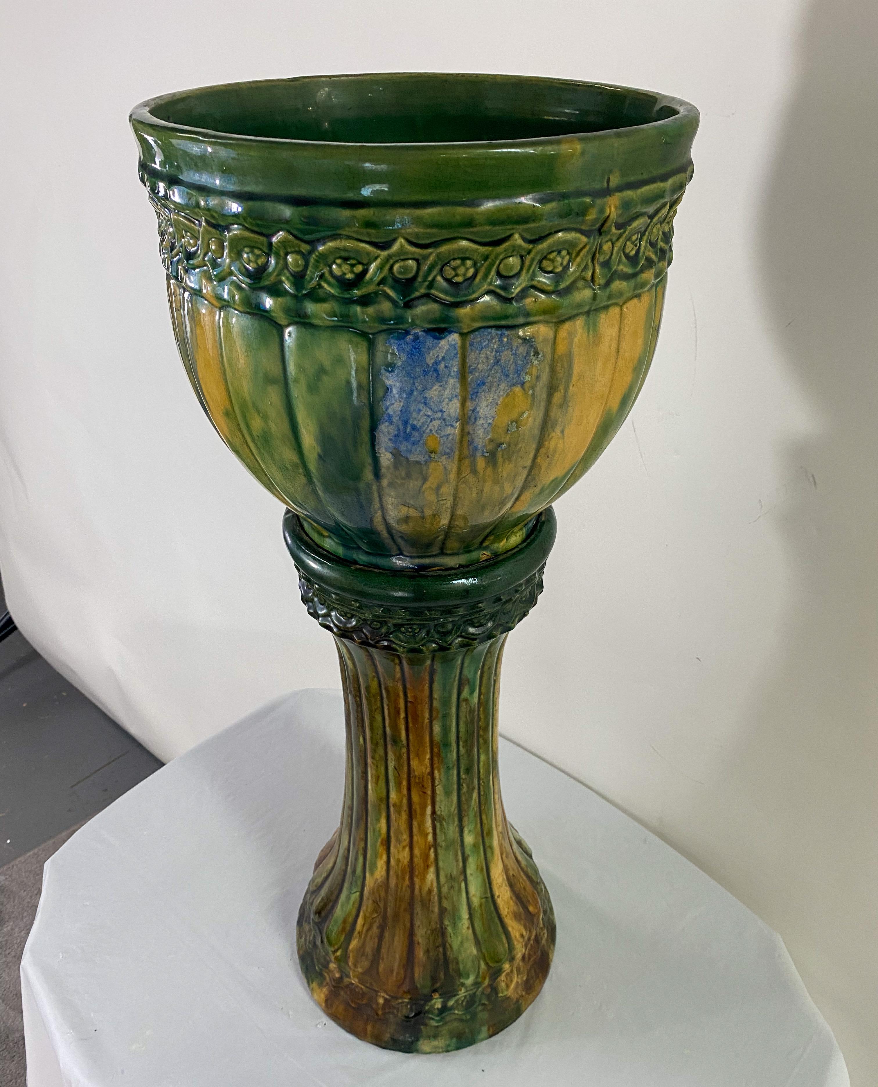 Glazed Art Nouveau Ceramic Majolica Planter or Jardinier on a Pedestal For Sale