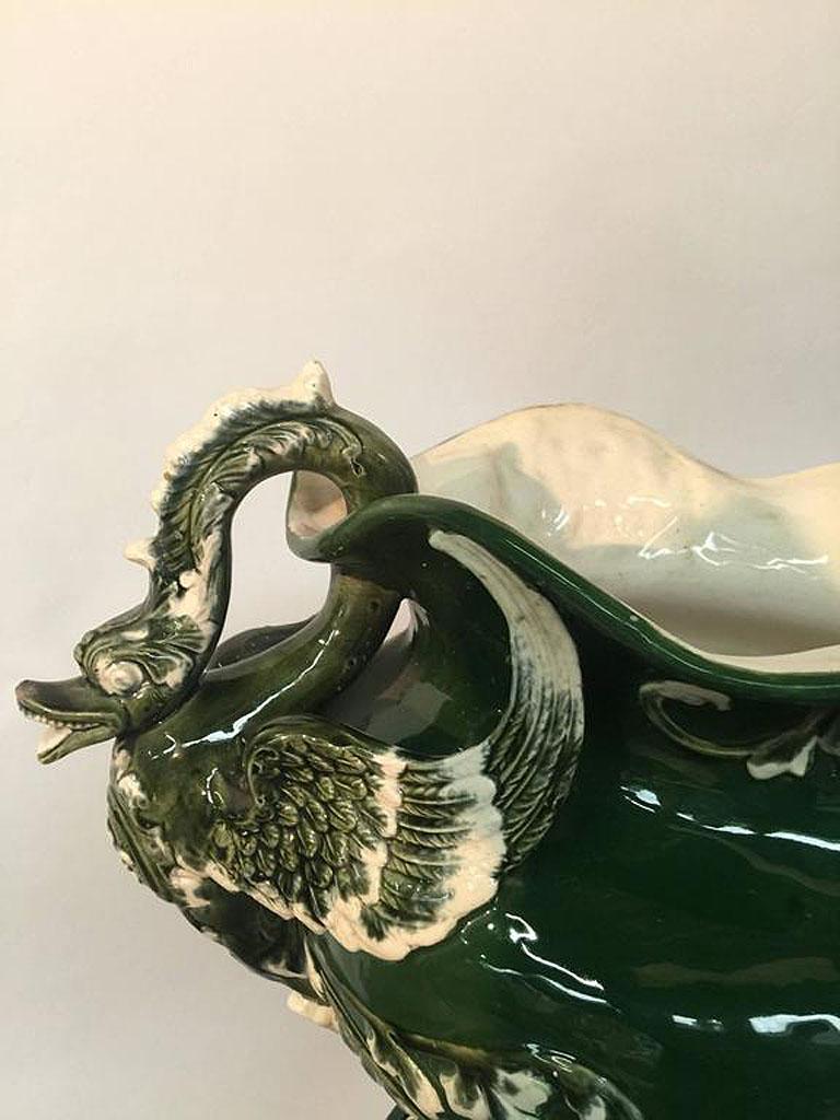 French Art Nouveau ceramic pedestal and its planter, circa 1900. Swan and plants design For Sale
