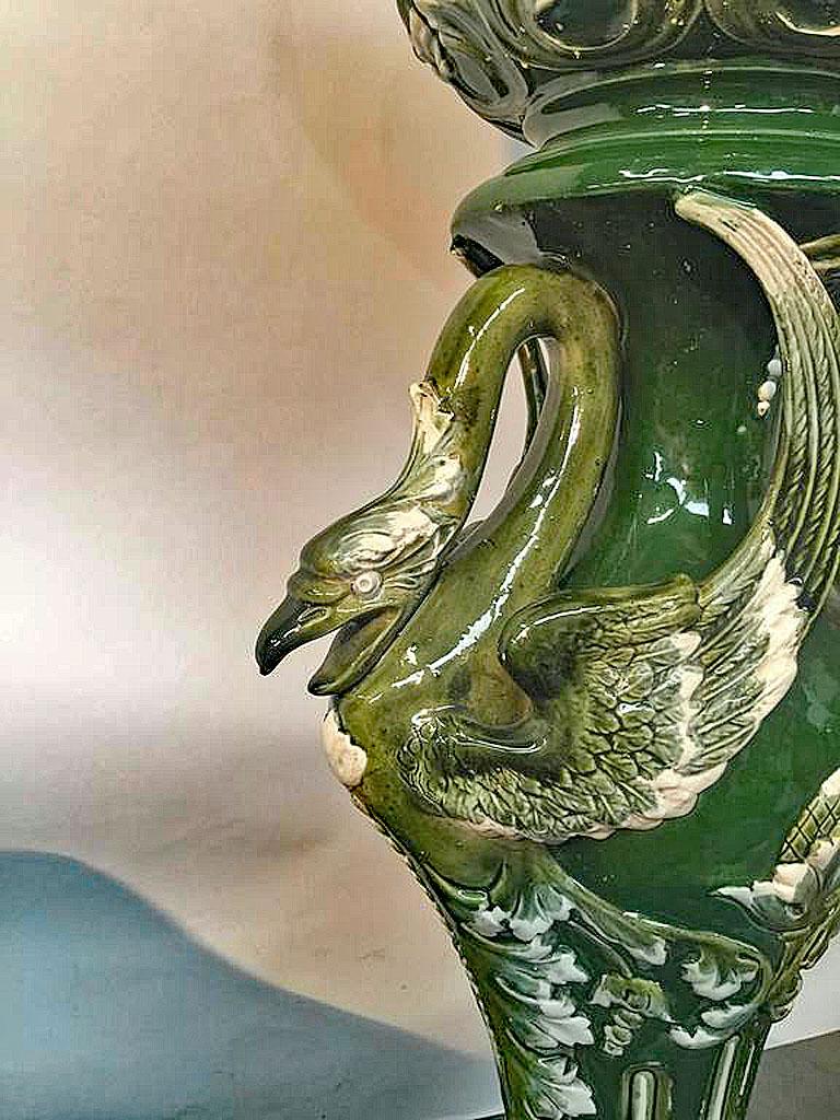 19th Century Art Nouveau ceramic pedestal and its planter, circa 1900. Swan and plants design For Sale