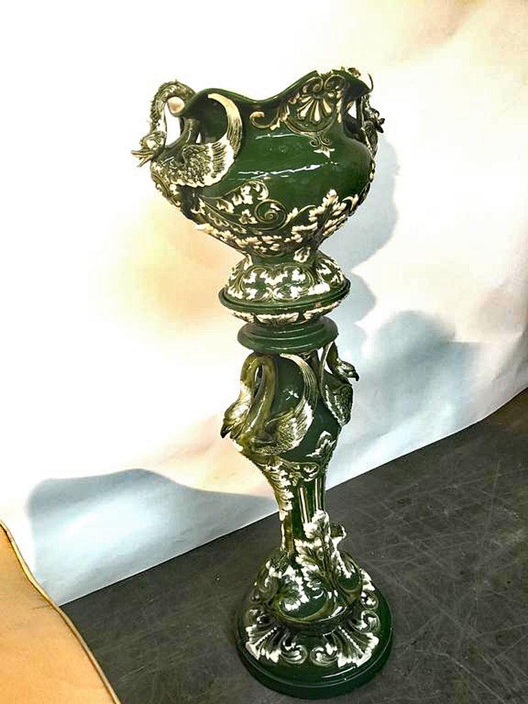 Ceramic Art Nouveau ceramic pedestal and its planter, circa 1900. Swan and plants design For Sale