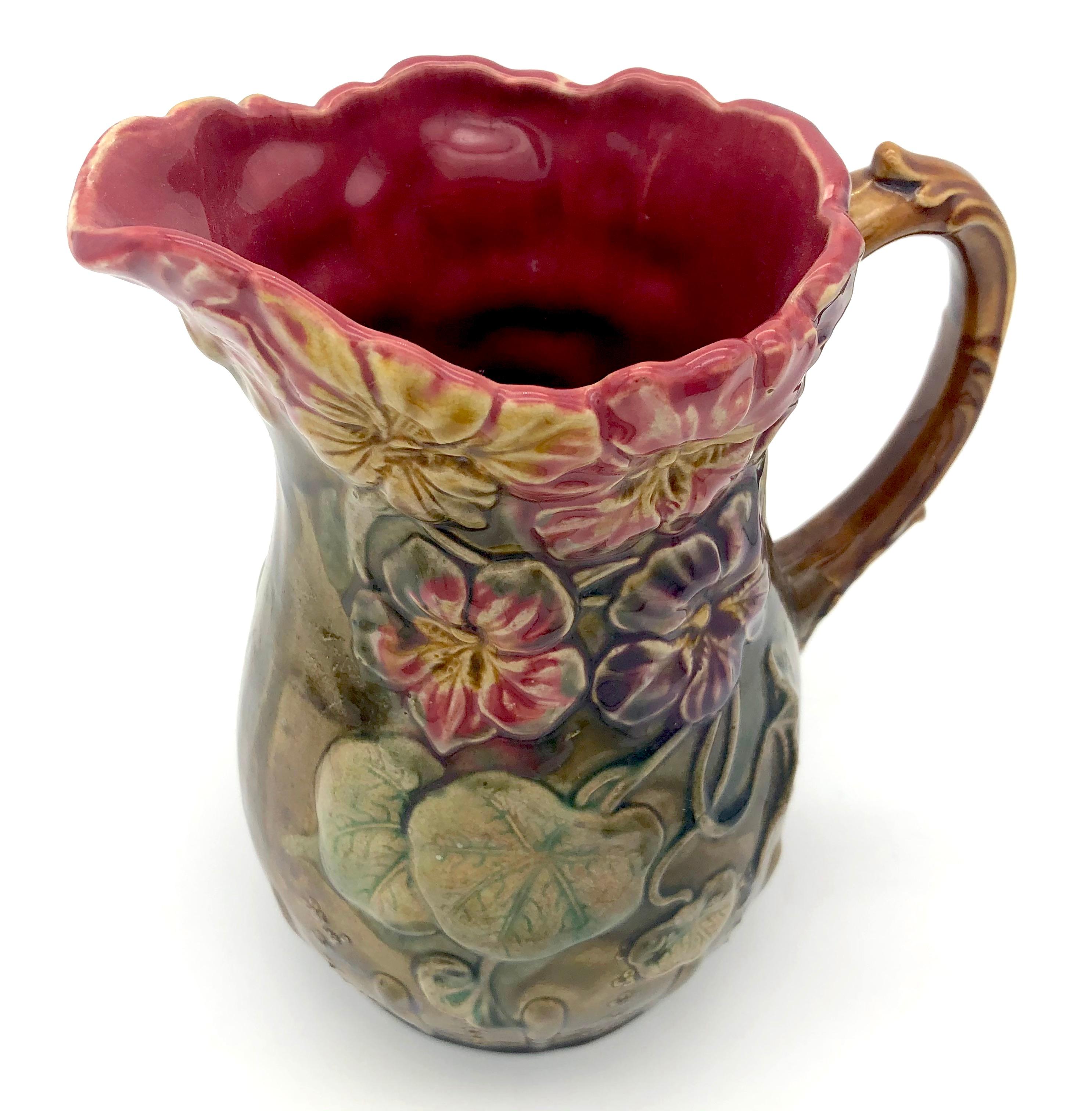 French Art Nouveau Ceramic Pitcher Jug Polychrome Glaze Flower Relief Nasturtiums For Sale