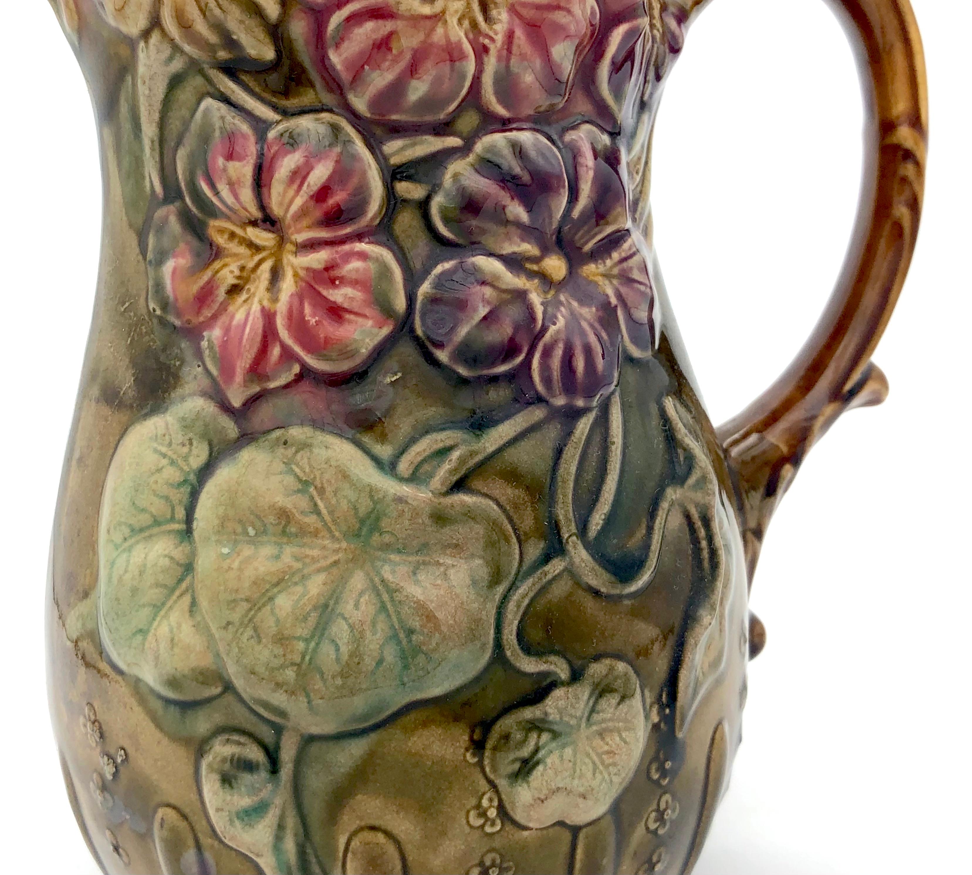 Art Nouveau Ceramic Pitcher Jug Polychrome Glaze Flower Relief Nasturtiums In Good Condition For Sale In Munich, DE