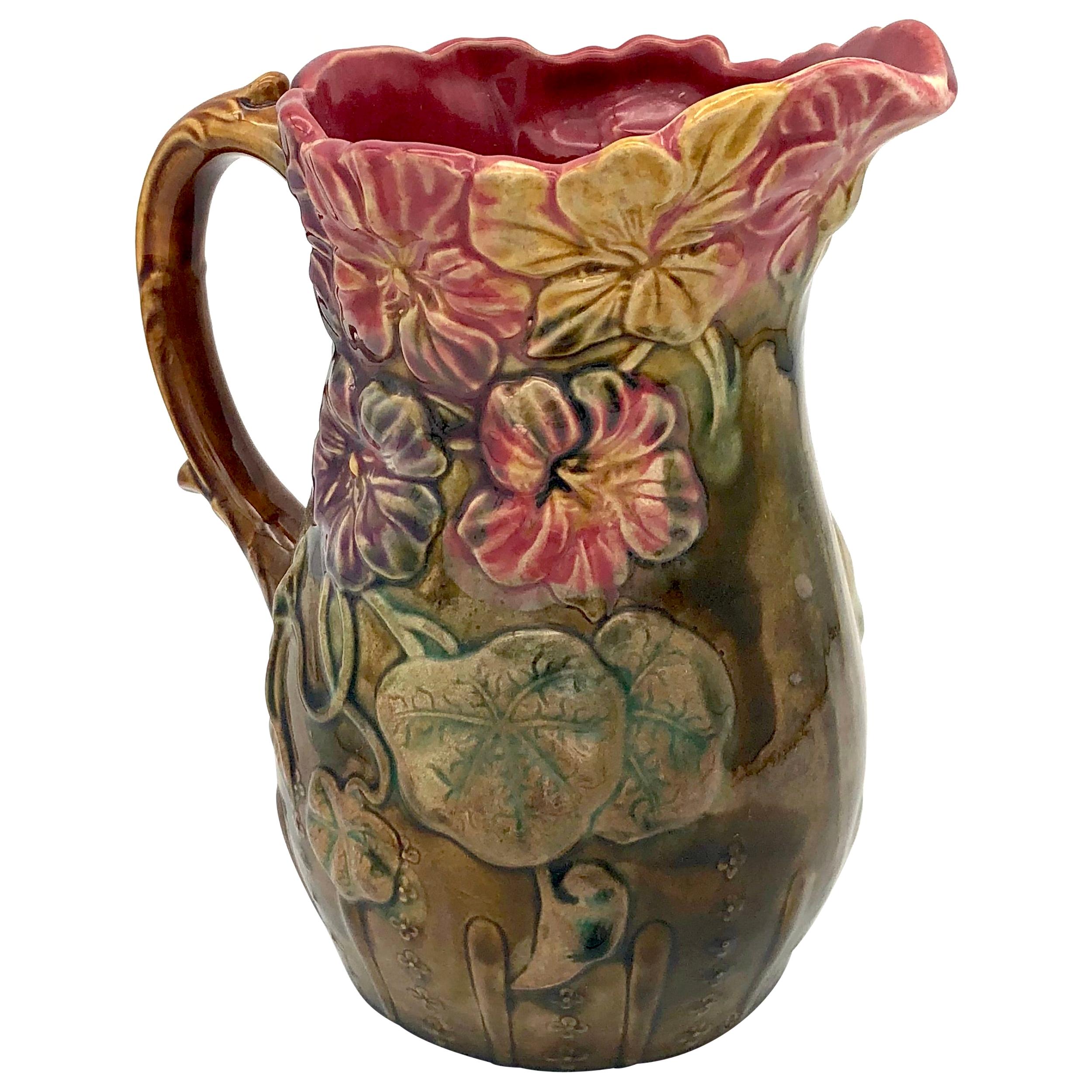 Art Nouveau Ceramic Pitcher Jug Polychrome Glaze Flower Relief Nasturtiums For Sale