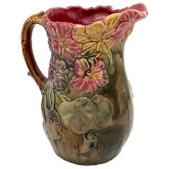 Art Nouveau Ceramic Pitcher Jug Polychrome Glaze Flower Relief Nasturtiums