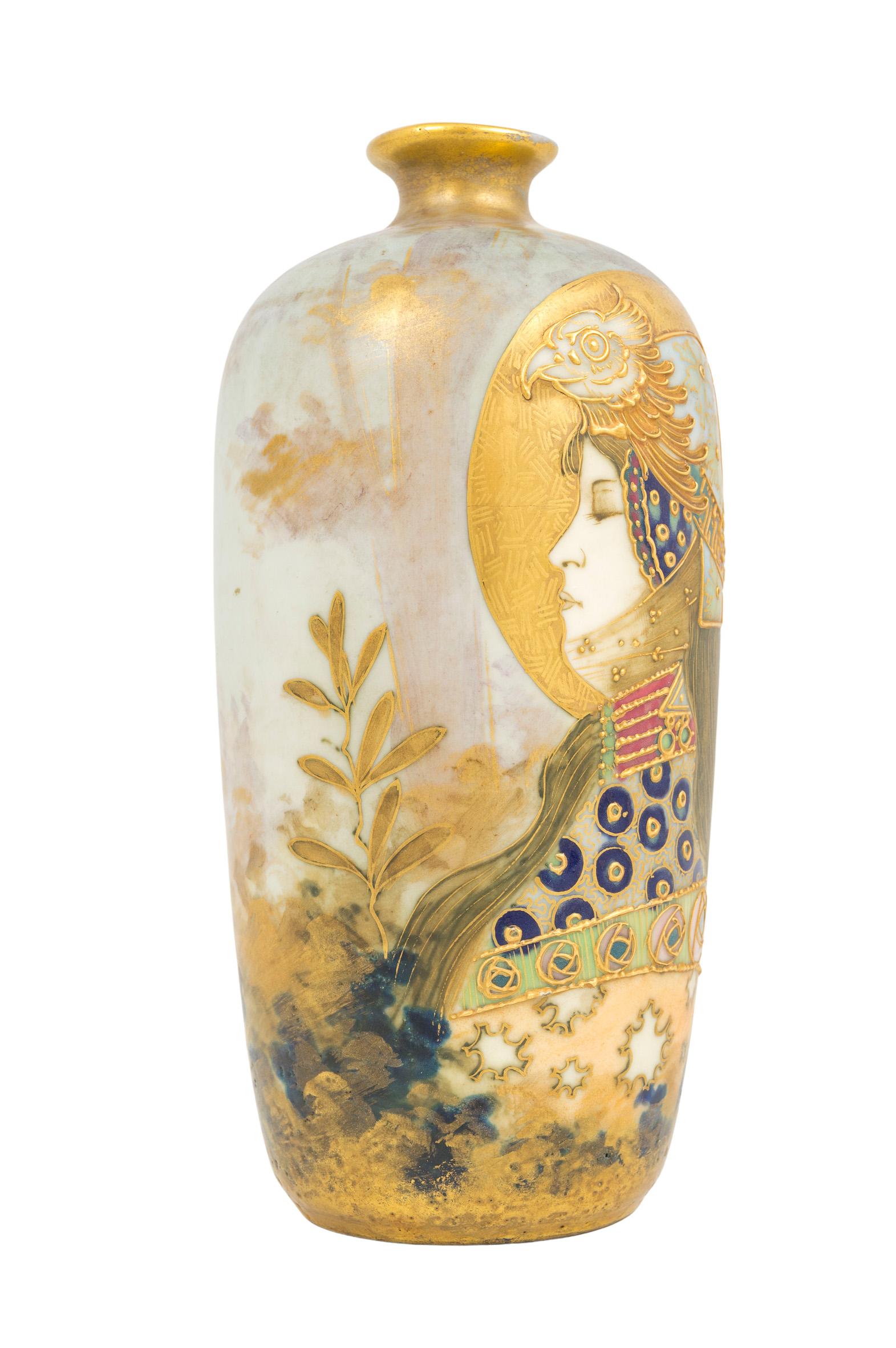 Gilt Art Nouveau Ceramic Portrait Allegory Vase Gold Amphora circa 1900 Austria