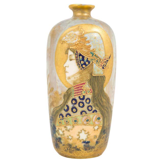 Majolica Amphora Vase Enamel Painted by Amphora CZ, Art Deco Period ...