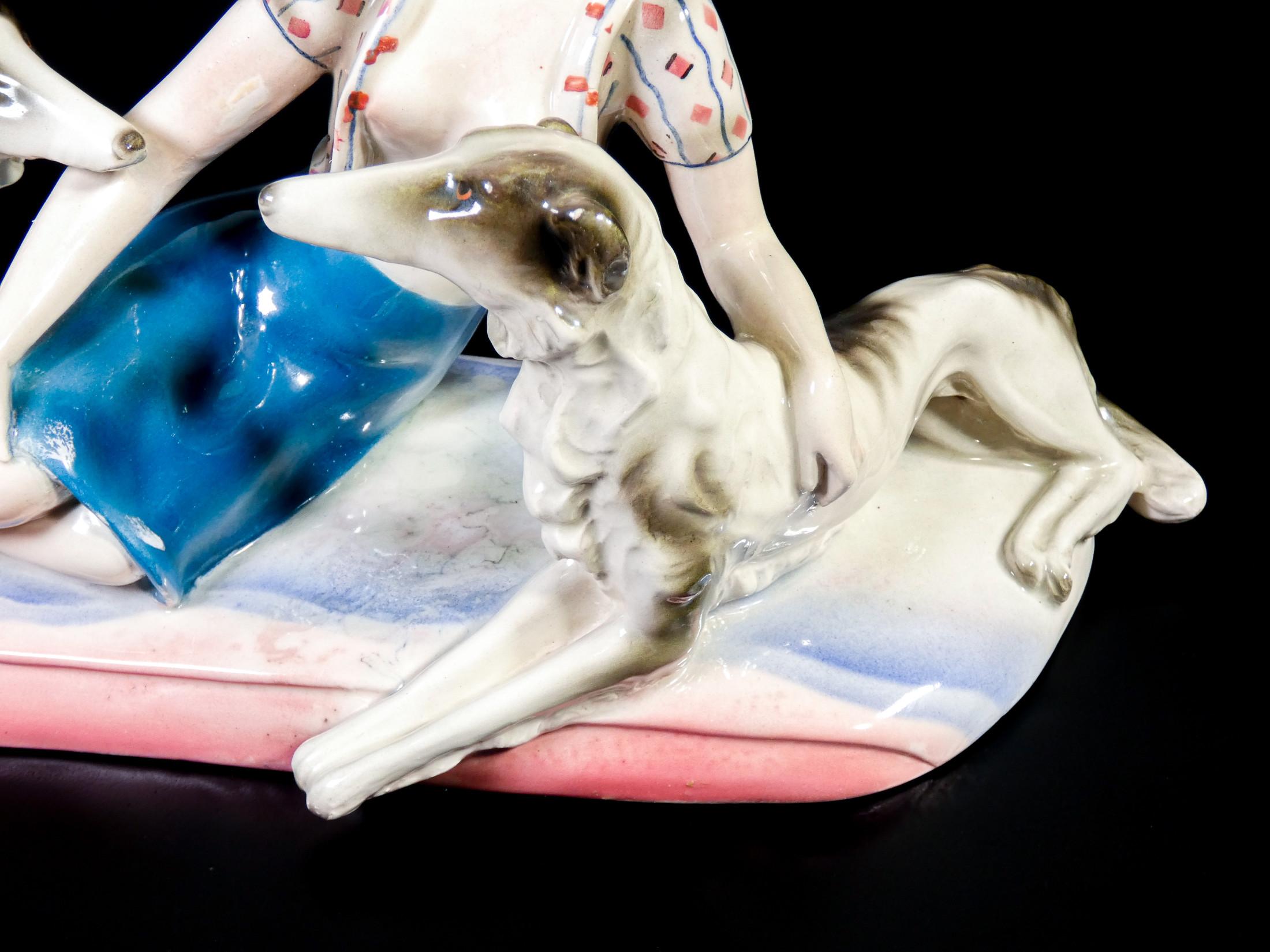 Art Nouveau Ceramic Sculpture, Attributable to Lenci, Woman with Greyhounds, 30s For Sale 5