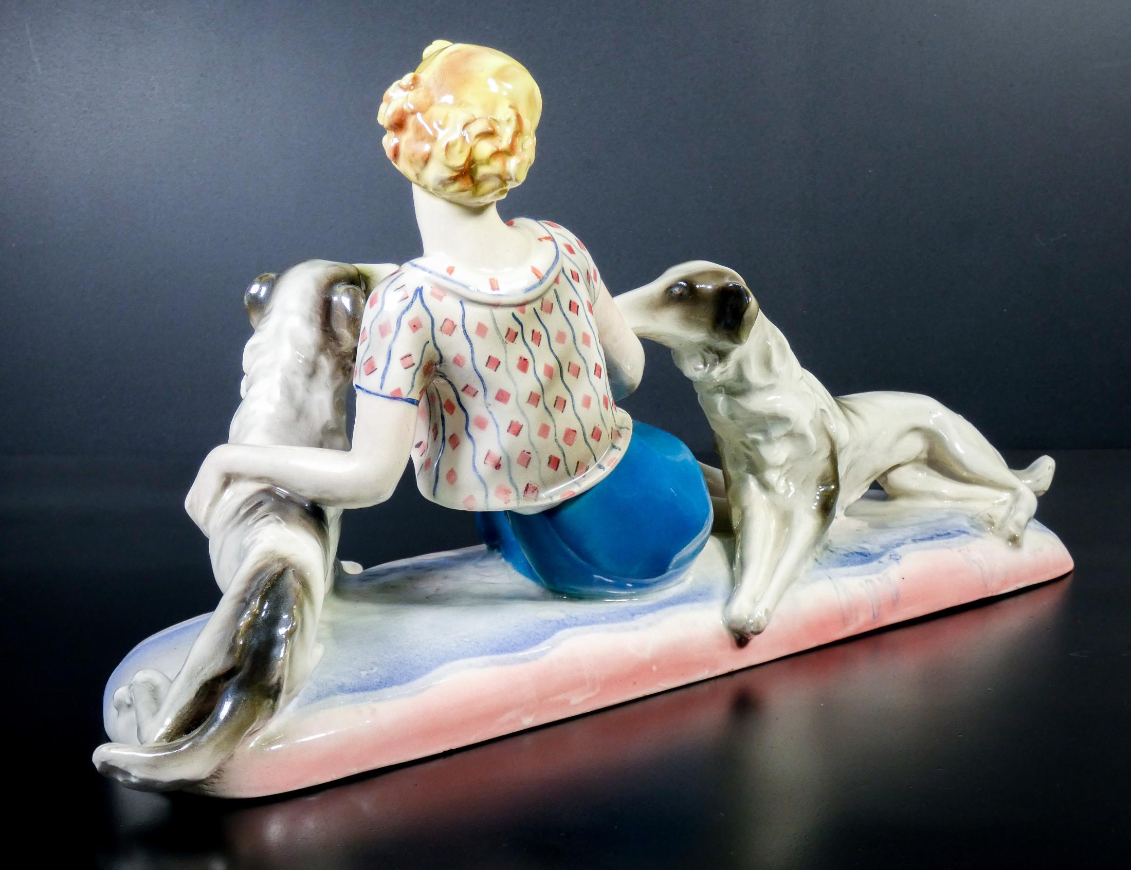 Art Nouveau Ceramic Sculpture, Attributable to Lenci, Woman with Greyhounds, 30s For Sale 7