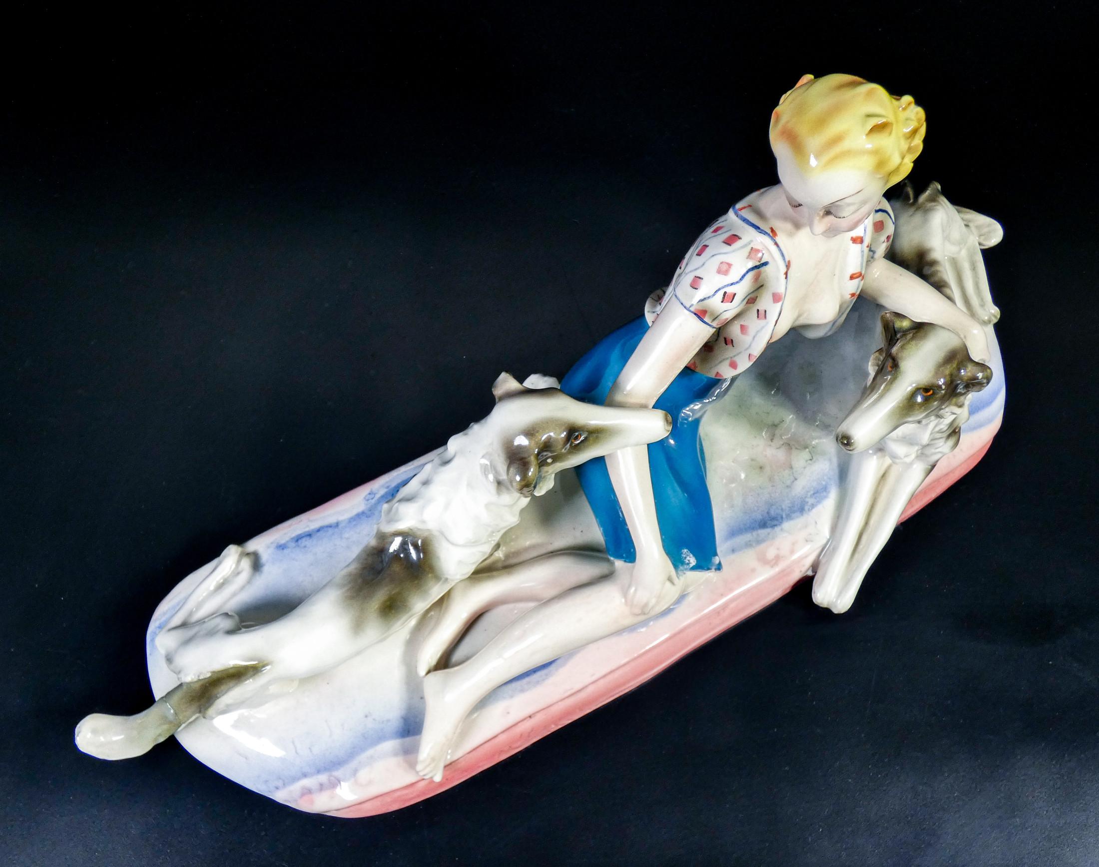 Mid-20th Century Art Nouveau Ceramic Sculpture, Attributable to Lenci, Woman with Greyhounds, 30s For Sale