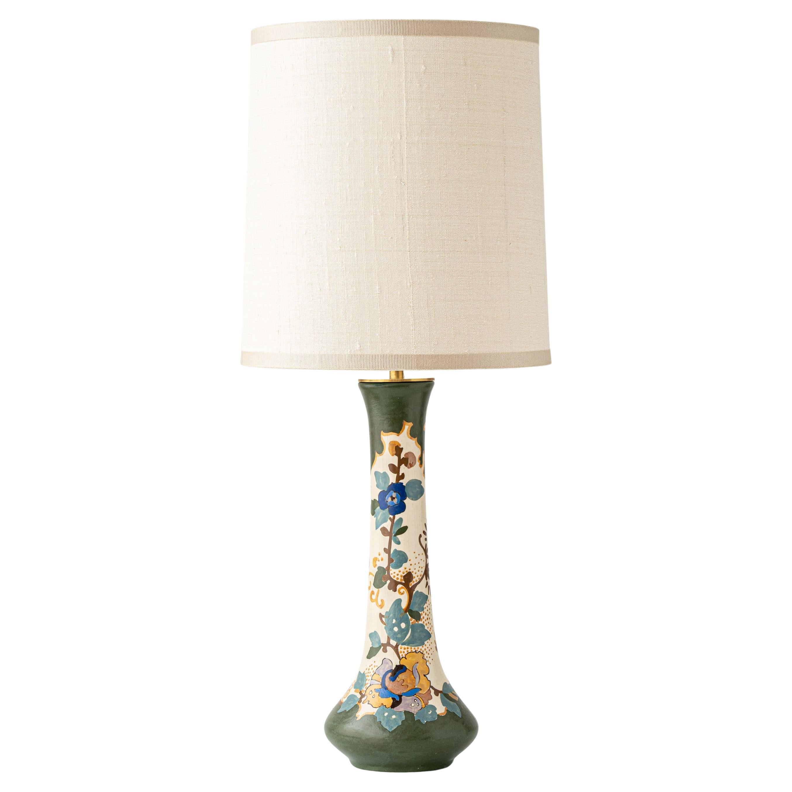 Art Nouveau Ceramic Table Lamp by Arnhem, 1920, with New Silk Lampshade