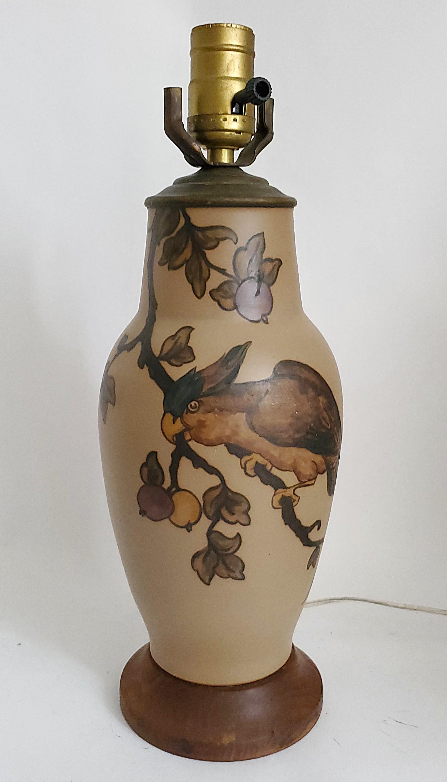 Offering a ceramic table lamp made by Lauritz Adolph Hjorth, Denmark 1930s. The body of the lamp is made from tan colored stoneware with a hand painted parrot perched upon a branch. Engraved signature underneath the ceramic: L. Hjorth, Bornholm 45,