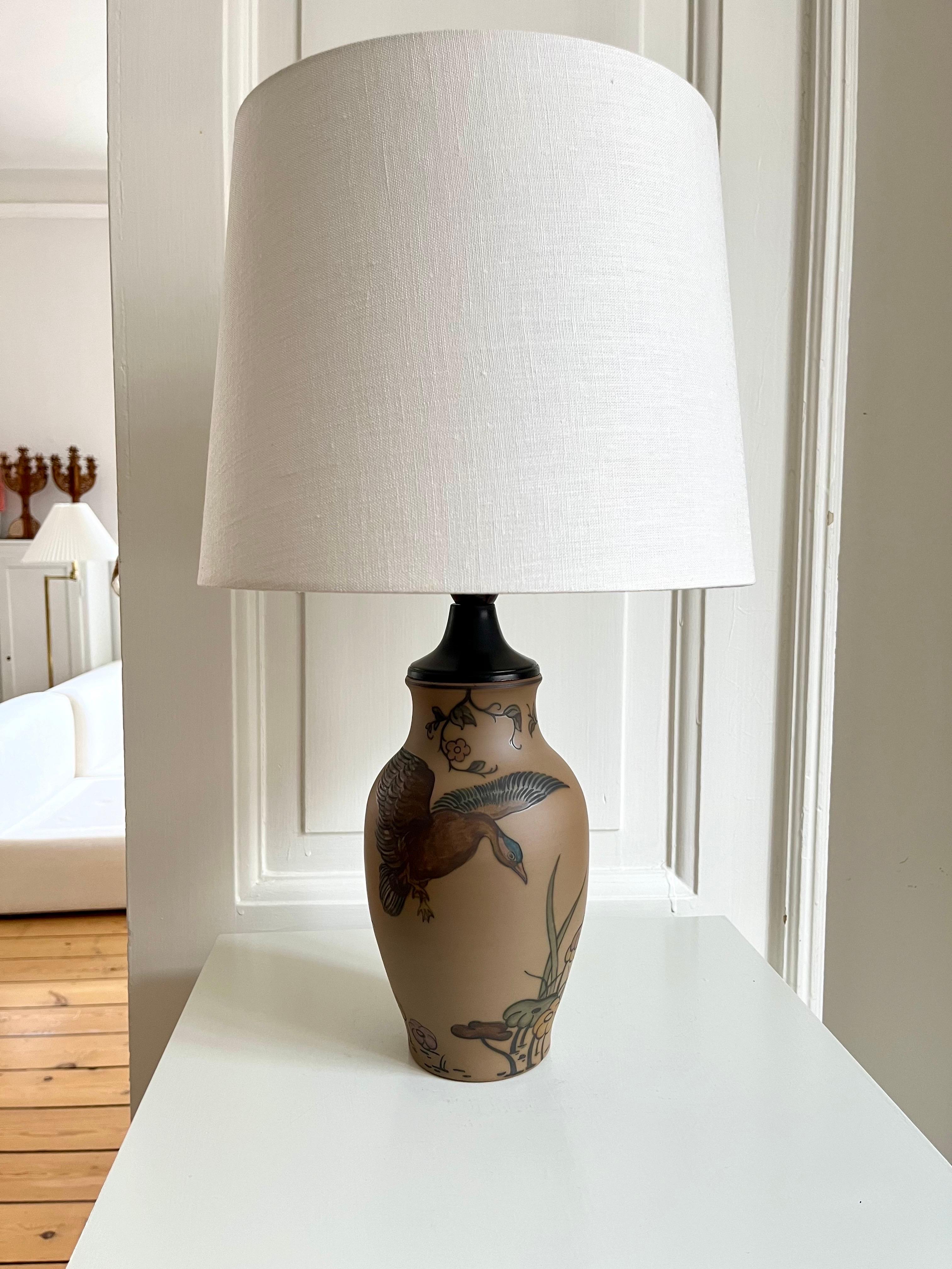 Danish Art Nouveau Ceramic Table Lamp Hand Decorated by L. Hjorth, Denmark, 1930s For Sale