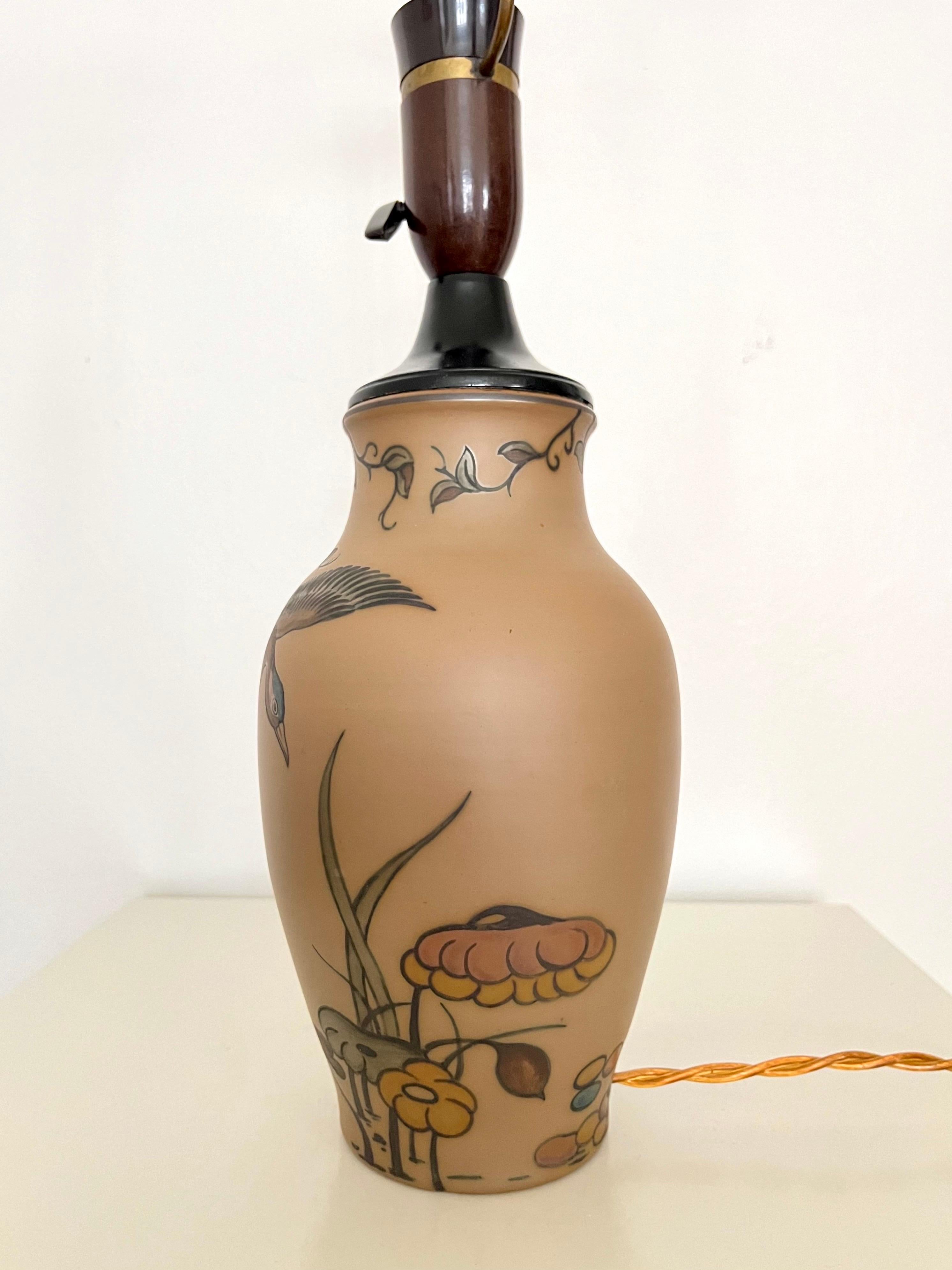 Mid-20th Century Art Nouveau Ceramic Table Lamp Hand Decorated by L. Hjorth, Denmark, 1930s For Sale