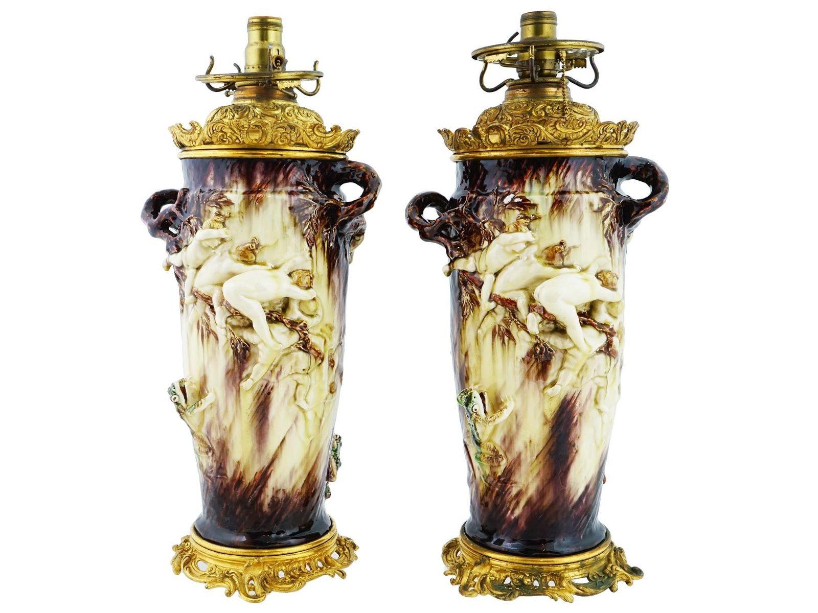 Bronze Art Nouveau Ceramic Table Lamps by Theodore Deck and Gustave Cheret For Sale