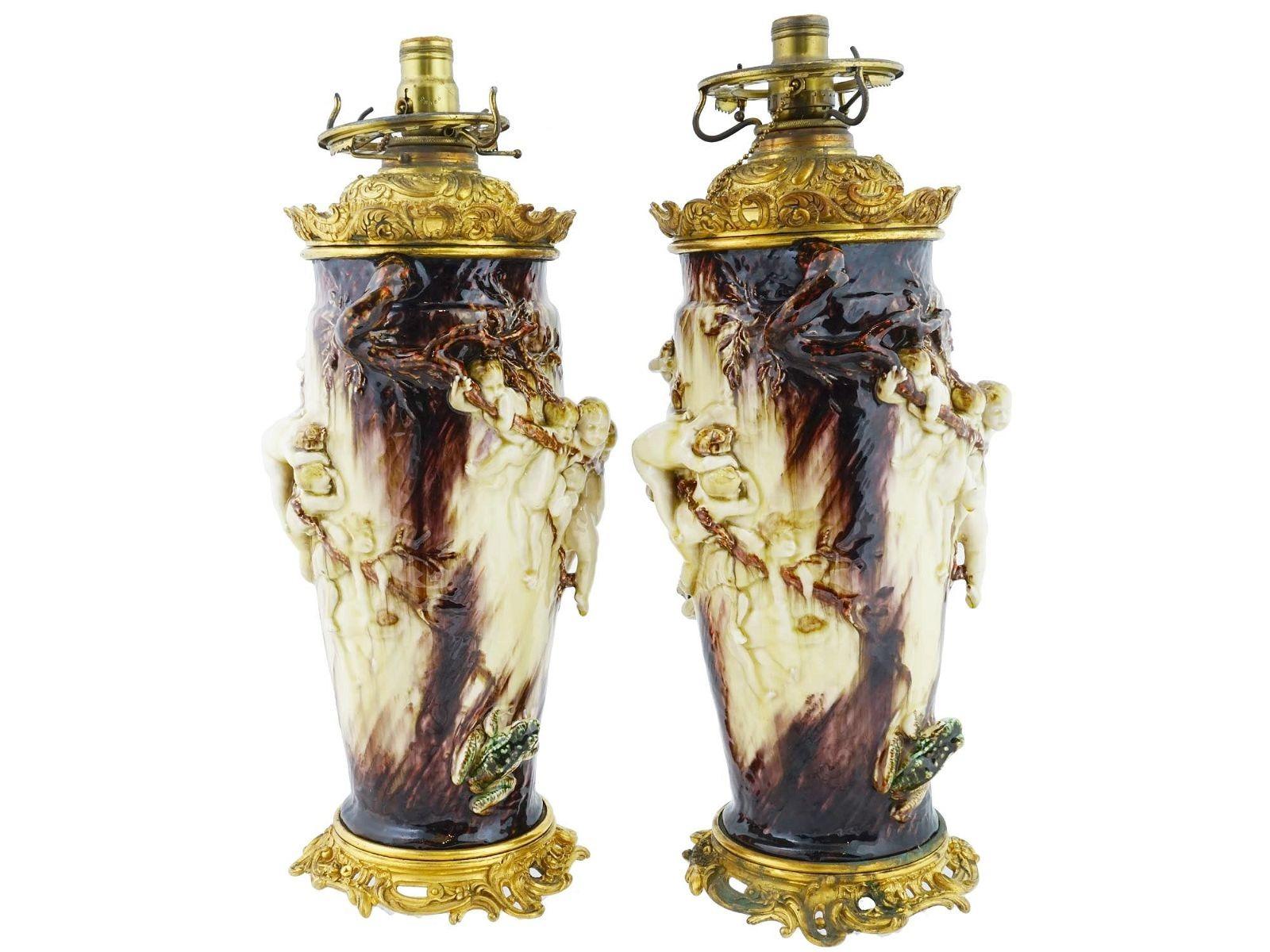 Jugendstil-Tischlampen aus Keramik von Theodore Deck und Gustave Cheret (Bronze) im Angebot