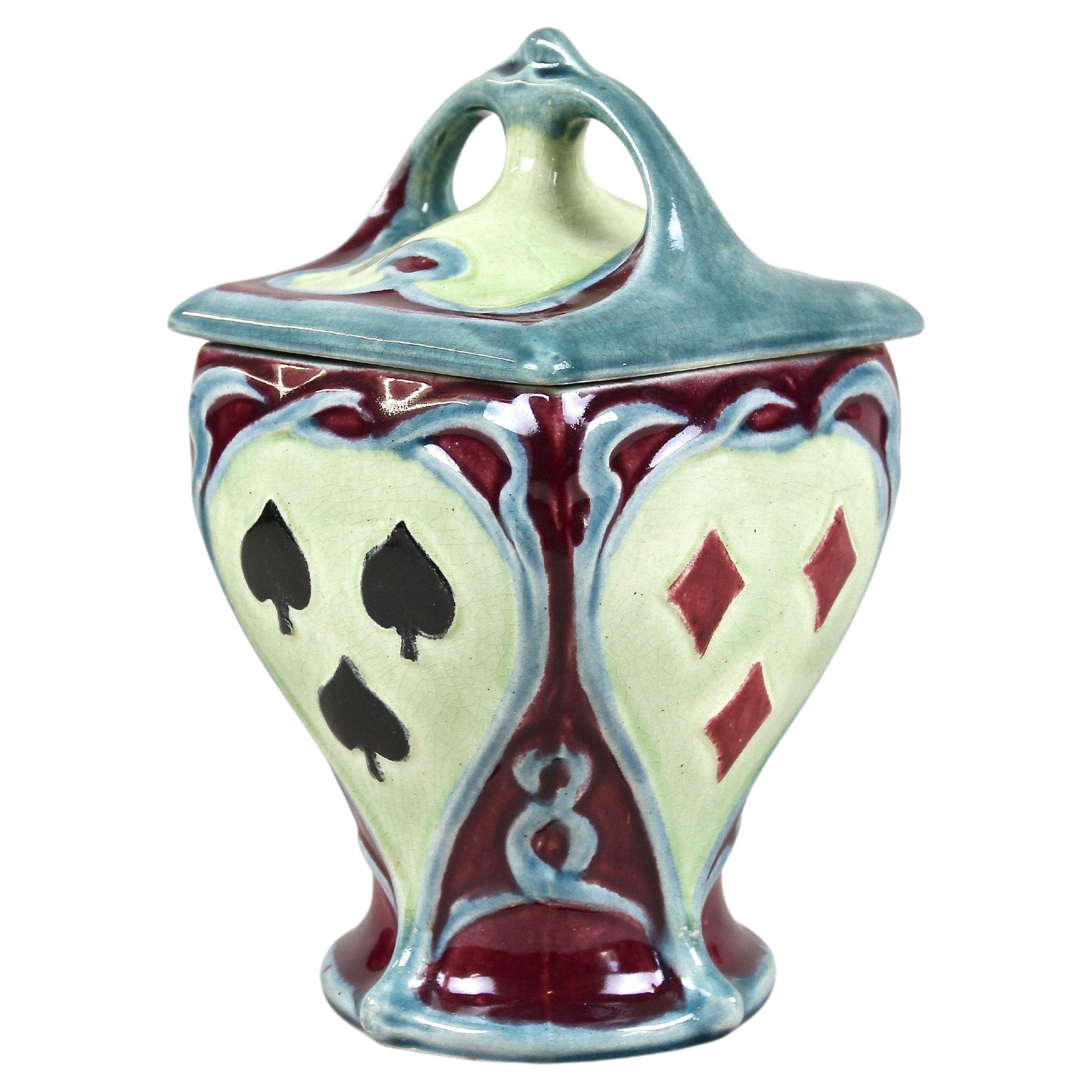Art Nouveau Ceramic/ Tobacco Box With Playing Card Symbols, Austria circa 1900