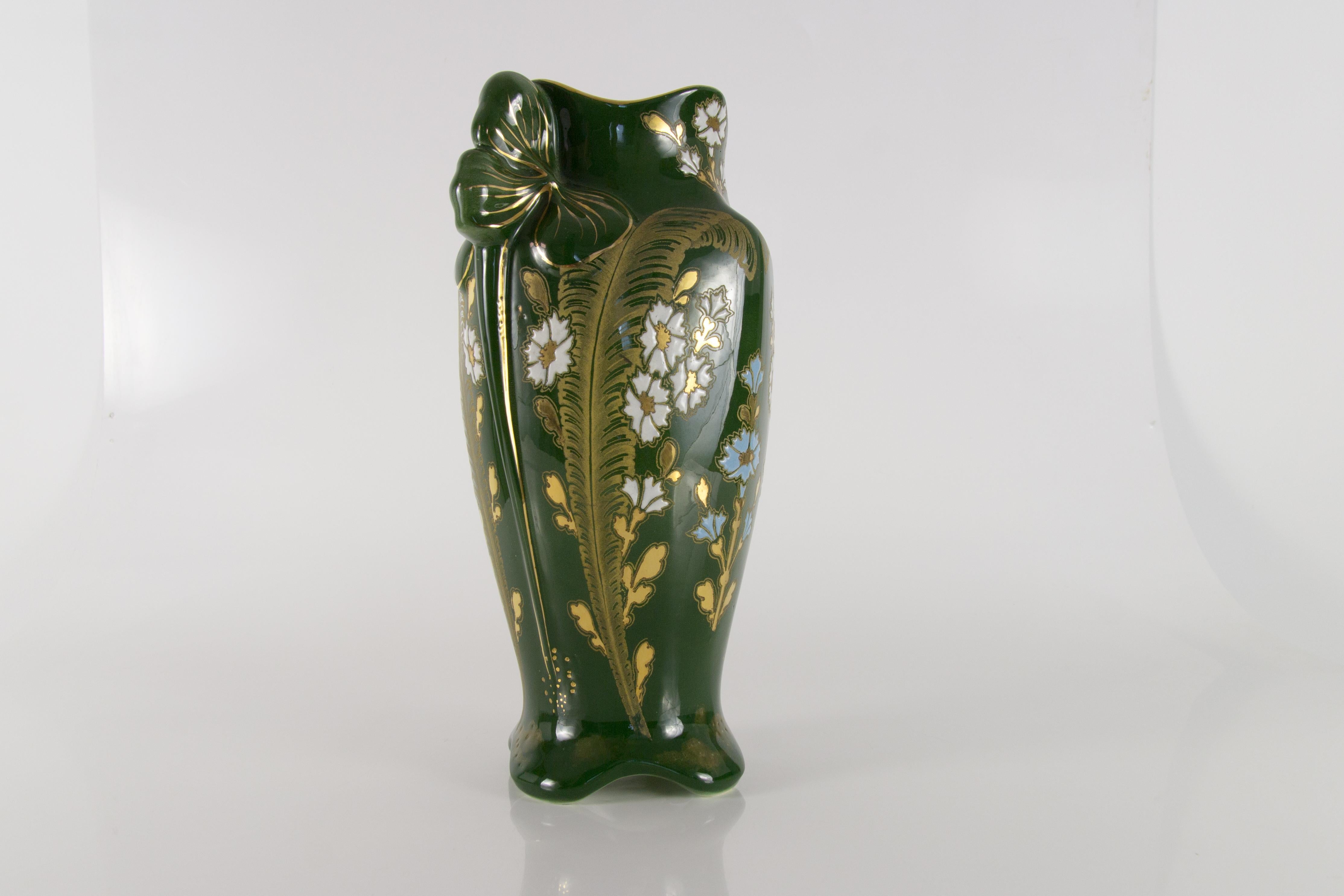 Belgian Art Nouveau Green Ceramic Vase, circa 1920