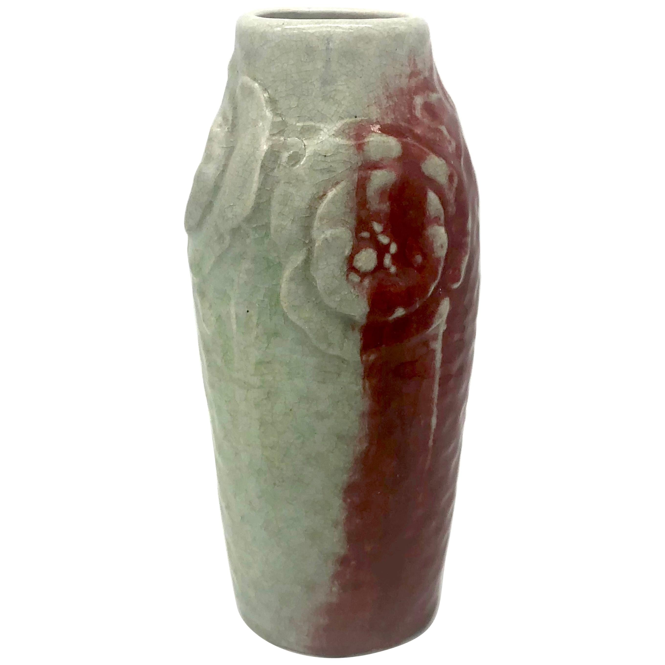 Art Nouveau Ceramic Vase Relief Poppies Flower Sang de Boeuf and Celadon Glaze