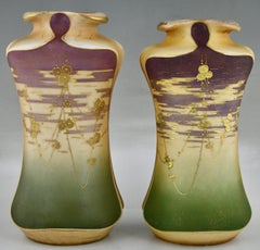 Art Nouveau ceramic vases with gilt flowers by Turn Teplitz Amphora Austria 1900