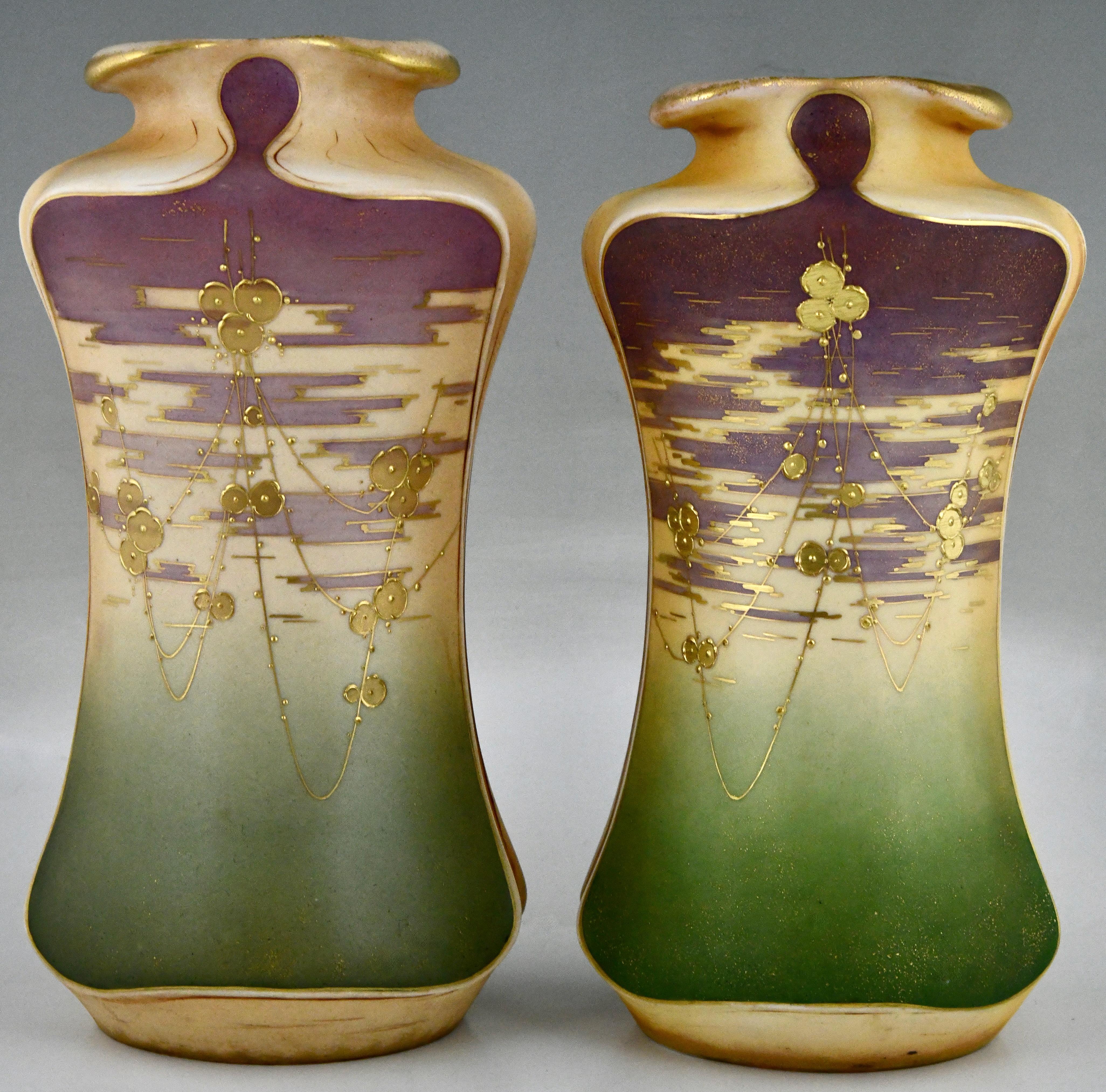 Austrian Art Nouveau ceramic vases with gilt flowers by Turn Teplitz Amphora Austria 1900 For Sale