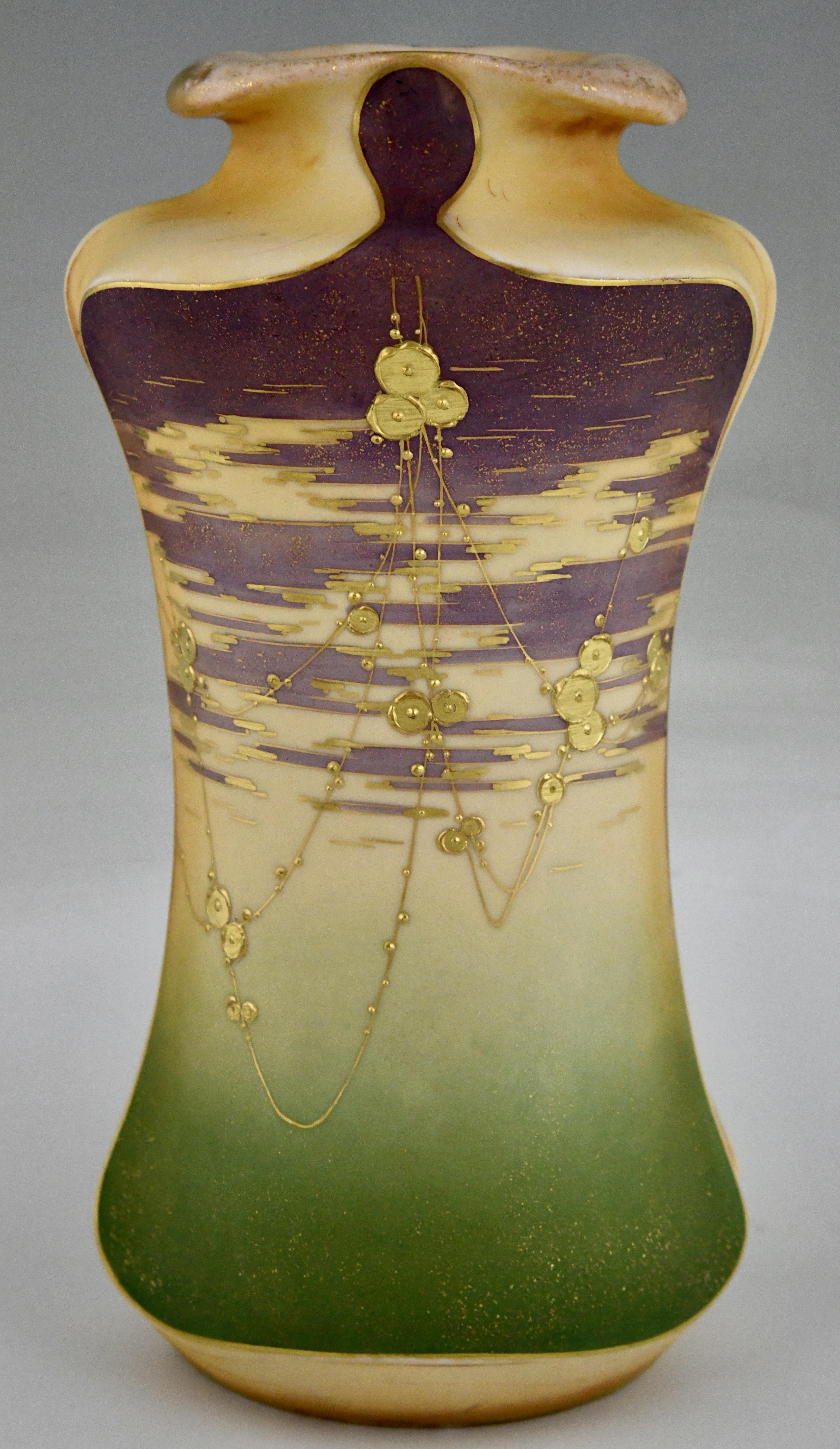 Early 20th Century Art Nouveau ceramic vases with gilt flowers by Turn Teplitz Amphora Austria 1900 For Sale