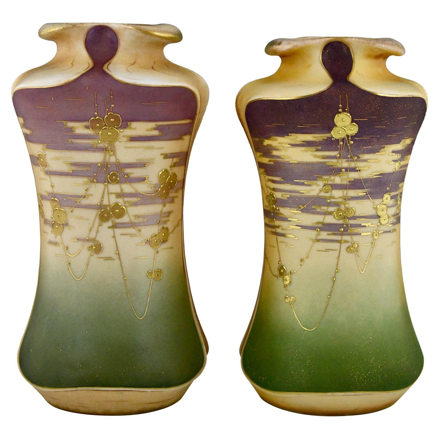 Art Nouveau ceramic vases with gilt flowers by Turn Teplitz Amphora Austria 1900 For Sale