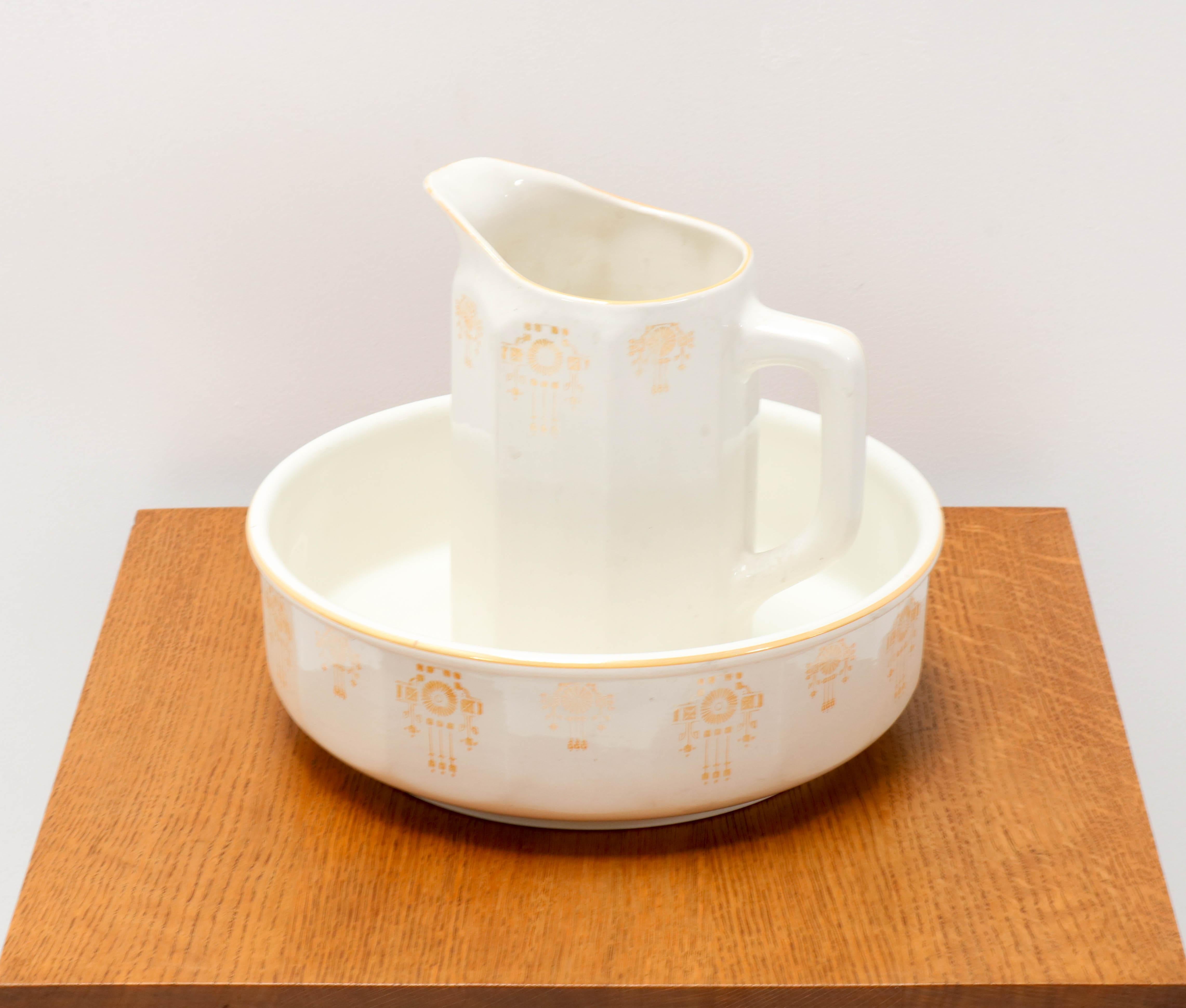 Belgian Art Nouveau Ceramic Wash Bowl and Pitcher Set, 1900s For Sale