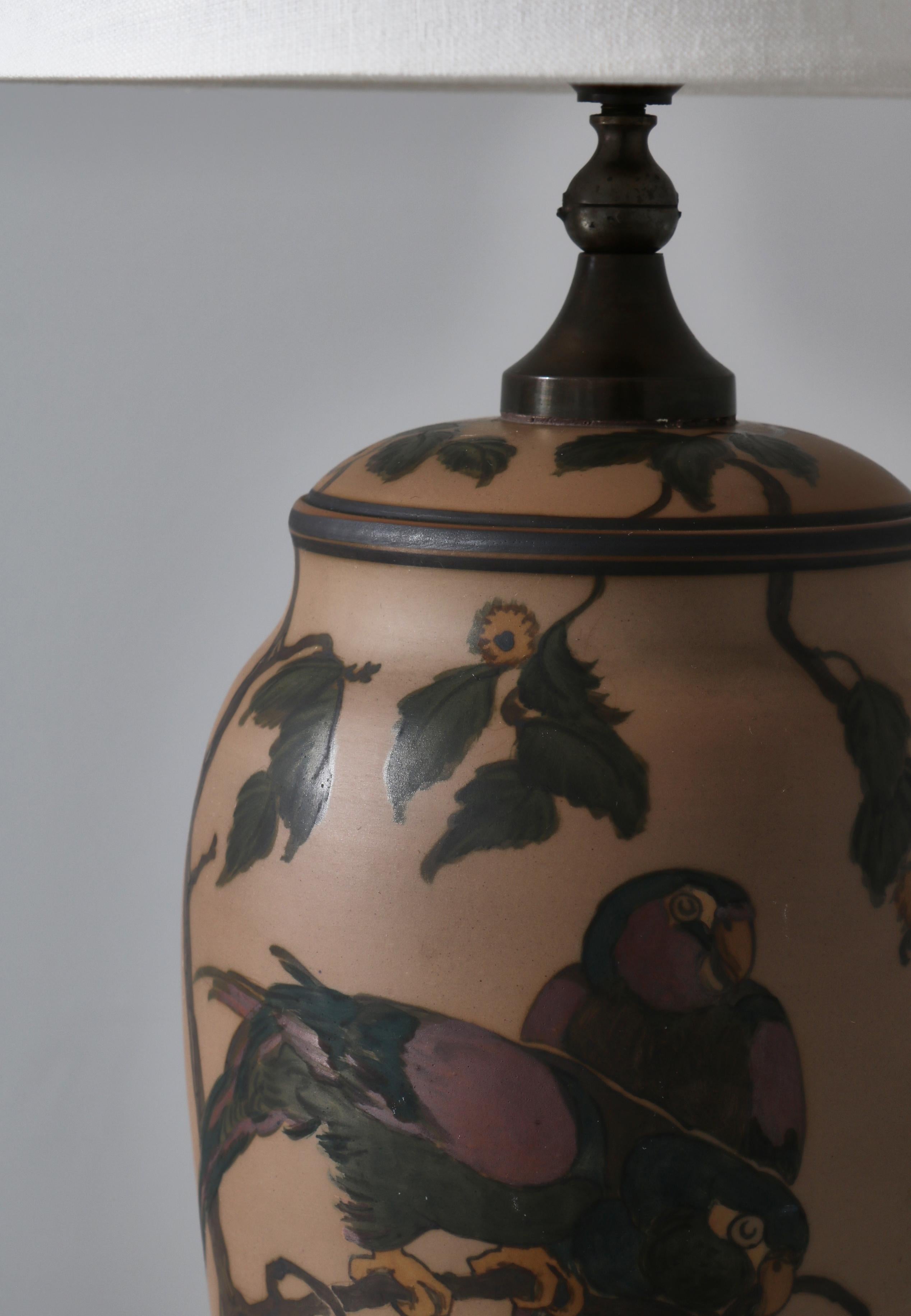 Art Nouveau Ceramics Table Lamp Hand Decorated with Parrots, Denmark, 1930s For Sale 3