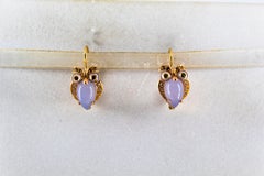 Art Nouveau Chalcedony White Black Diamond Tsavorite Yellow Gold "Owls" Earrings