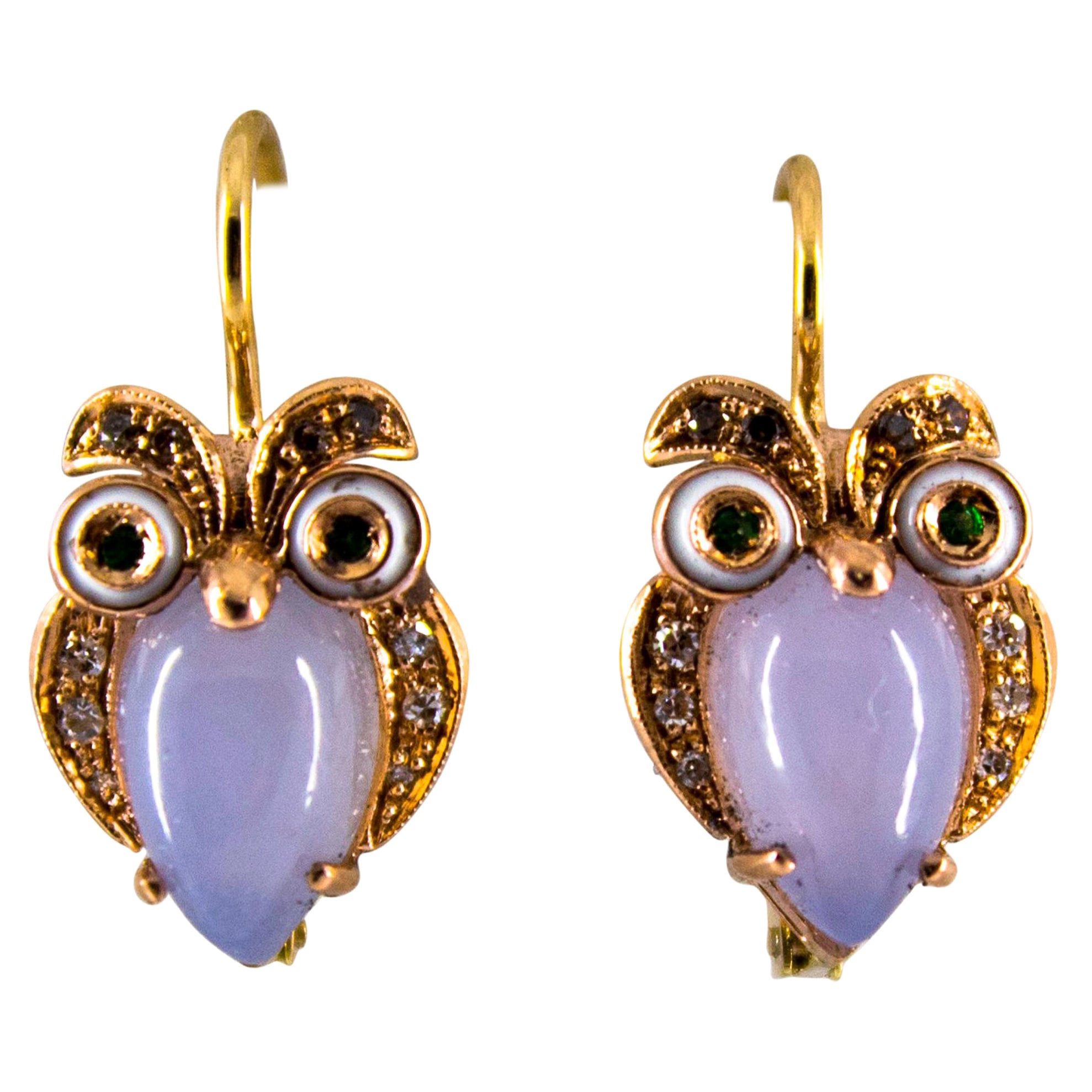 Art Nouveau Chalcedony White Black Diamond Tsavorite Yellow Gold "Owls" Earrings For Sale