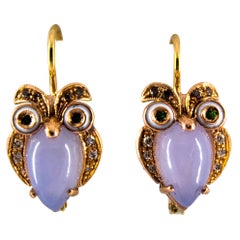 Retro Art Nouveau Chalcedony White Black Diamond Tsavorite Yellow Gold "Owls" Earrings