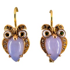 Art Nouveau Chalcedony White Black Diamond Tsavorite Yellow Gold "Owls" Earrings