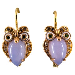 Art Nouveau Chalcedony White Brown Diamond Tsavorite Yellow Gold "Owls" Earrings