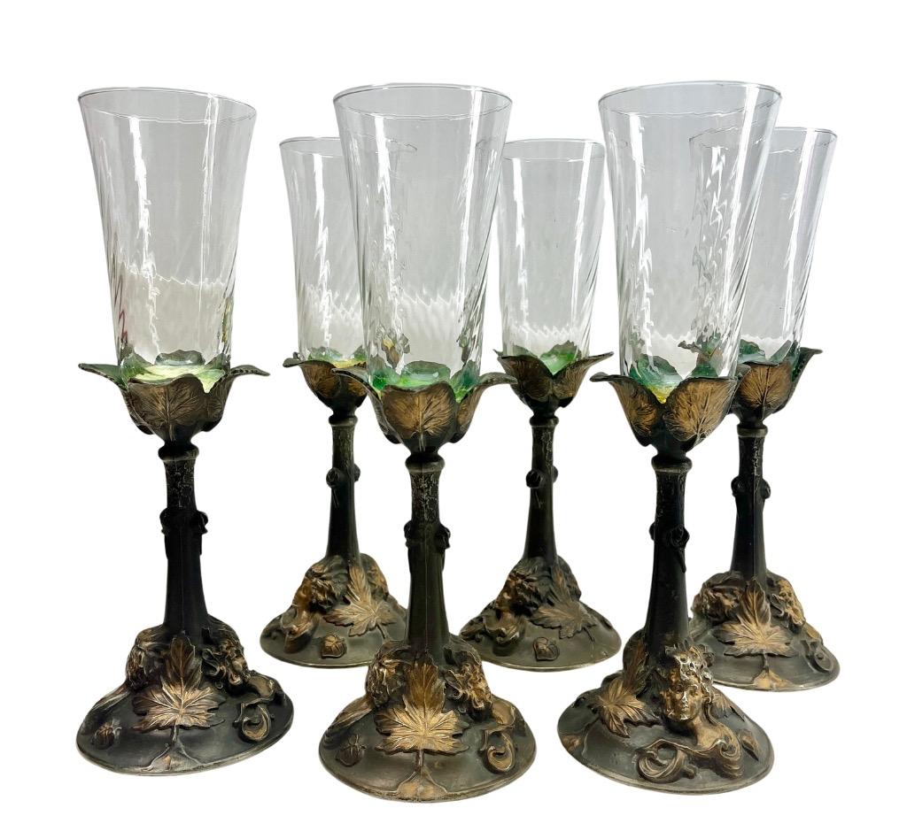 Art Nouveau Champagne Glasses Signed Kaizerzinn Model 4910 No 5  Germany In Good Condition For Sale In Verviers, BE