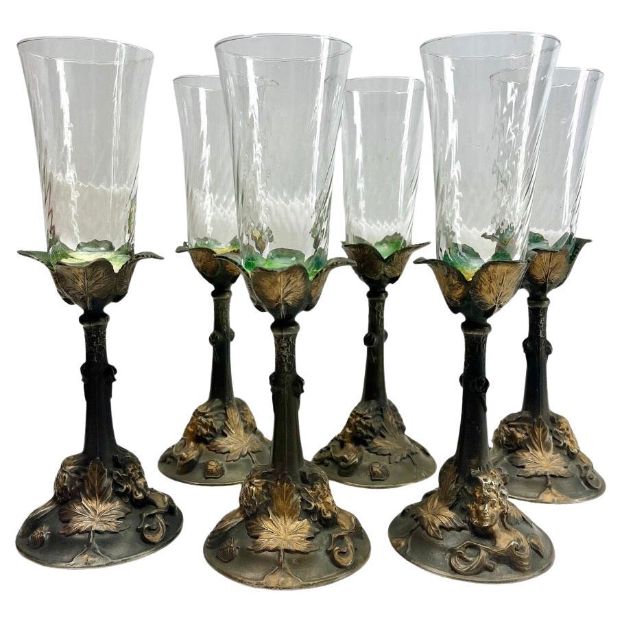 Art Nouveau Champagne Glasses Signed Kaizerzinn Model 4910 No 5  Germany For Sale