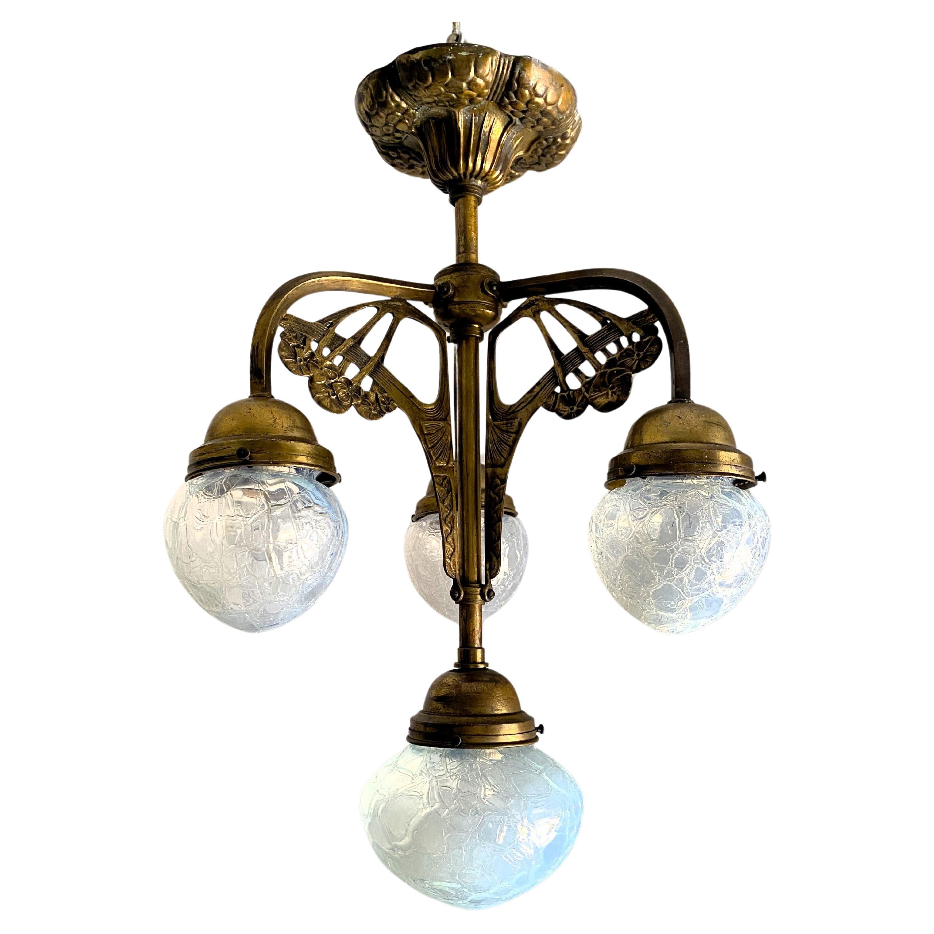 Art Nouveau Chandeier in Brass and Handblown opalescent glass, Austria ca.1910 For Sale