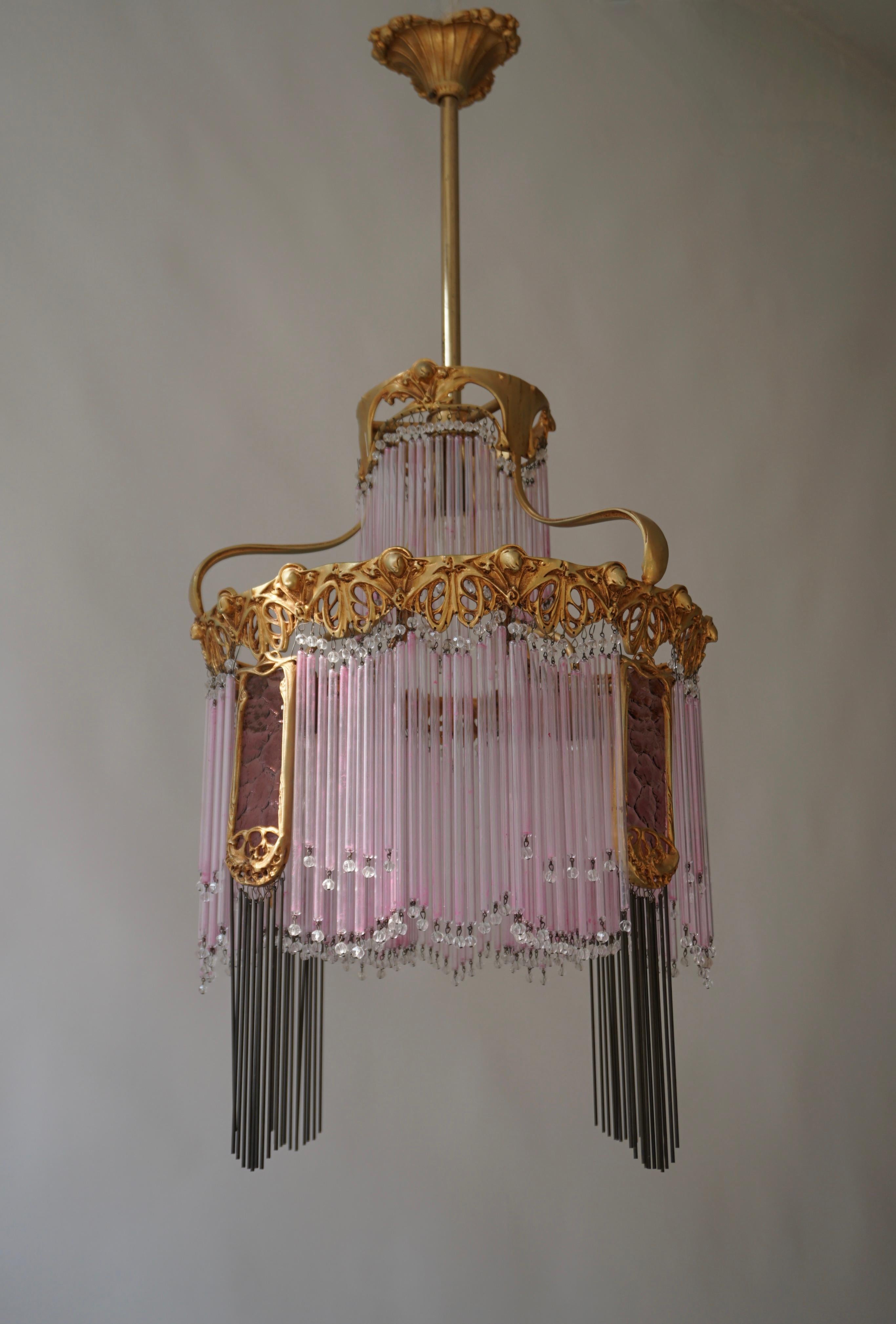 Brass Art Nouveau Chandelier by Hector Guimard, France Paris 1900-1970 For Sale