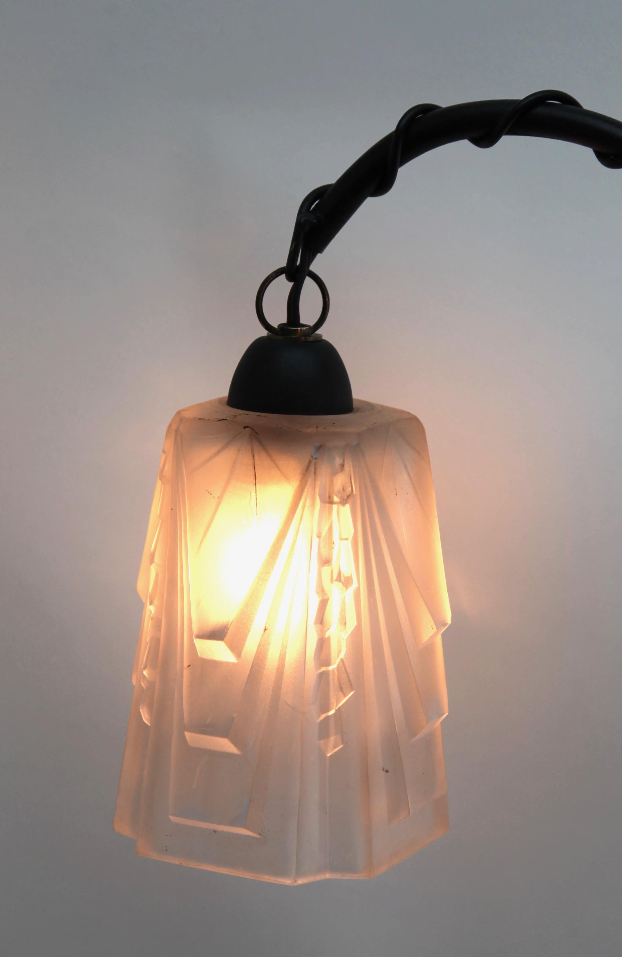 Chandelier by Muller Freres Luneville, shades are signed 1900s
Photography fails to capture the simple elegant illumination provided by this lamp.

In excellent condition and in full working order having recently been re-wired and 
provided with a
