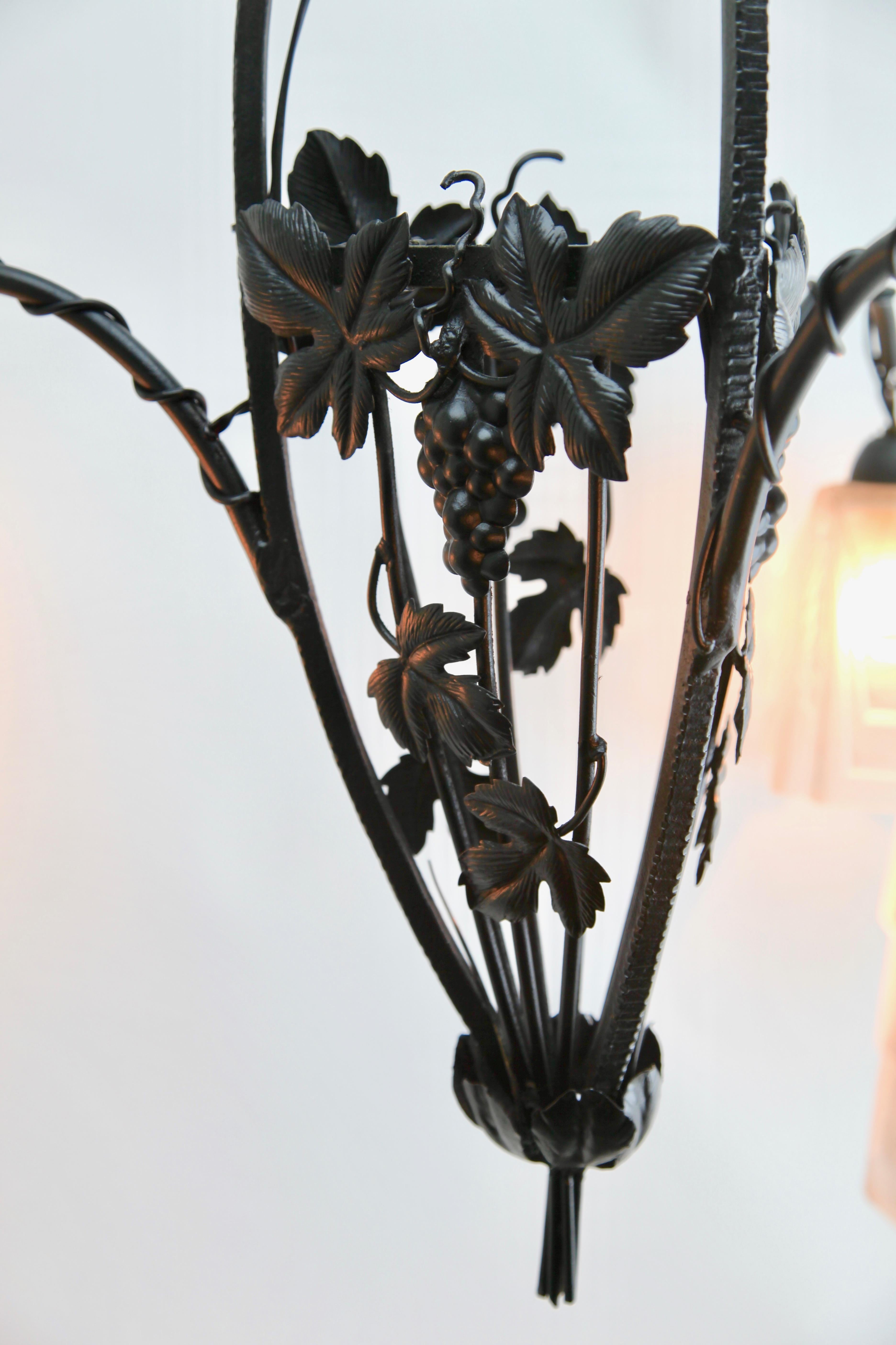 Metal Art Nouveau Chandelier by Muller Freres Luneville, Schades Are Signed, 1900s For Sale
