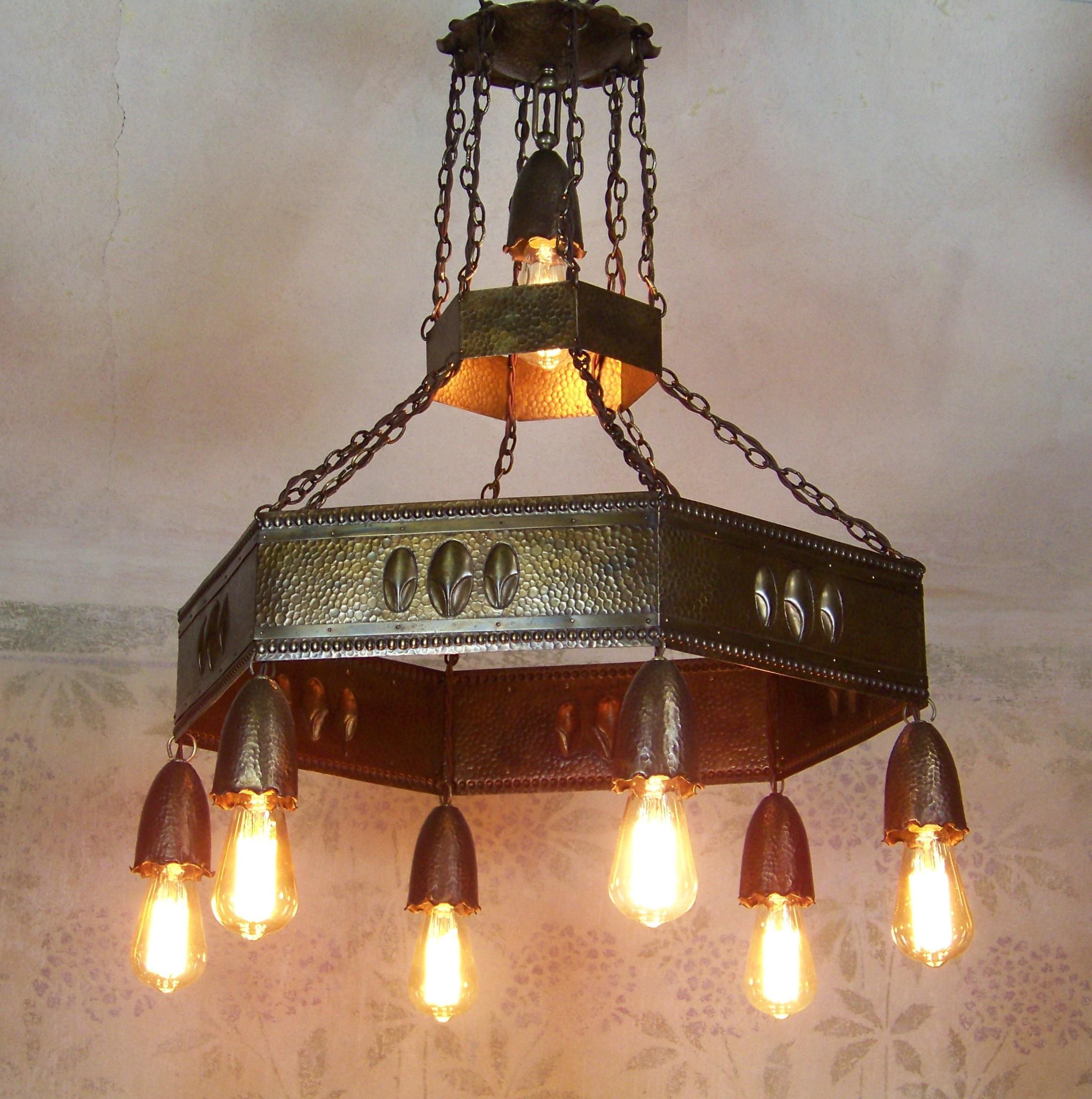 Brass Art Nouveau Chandelier, Ceiling Lamp For Sale