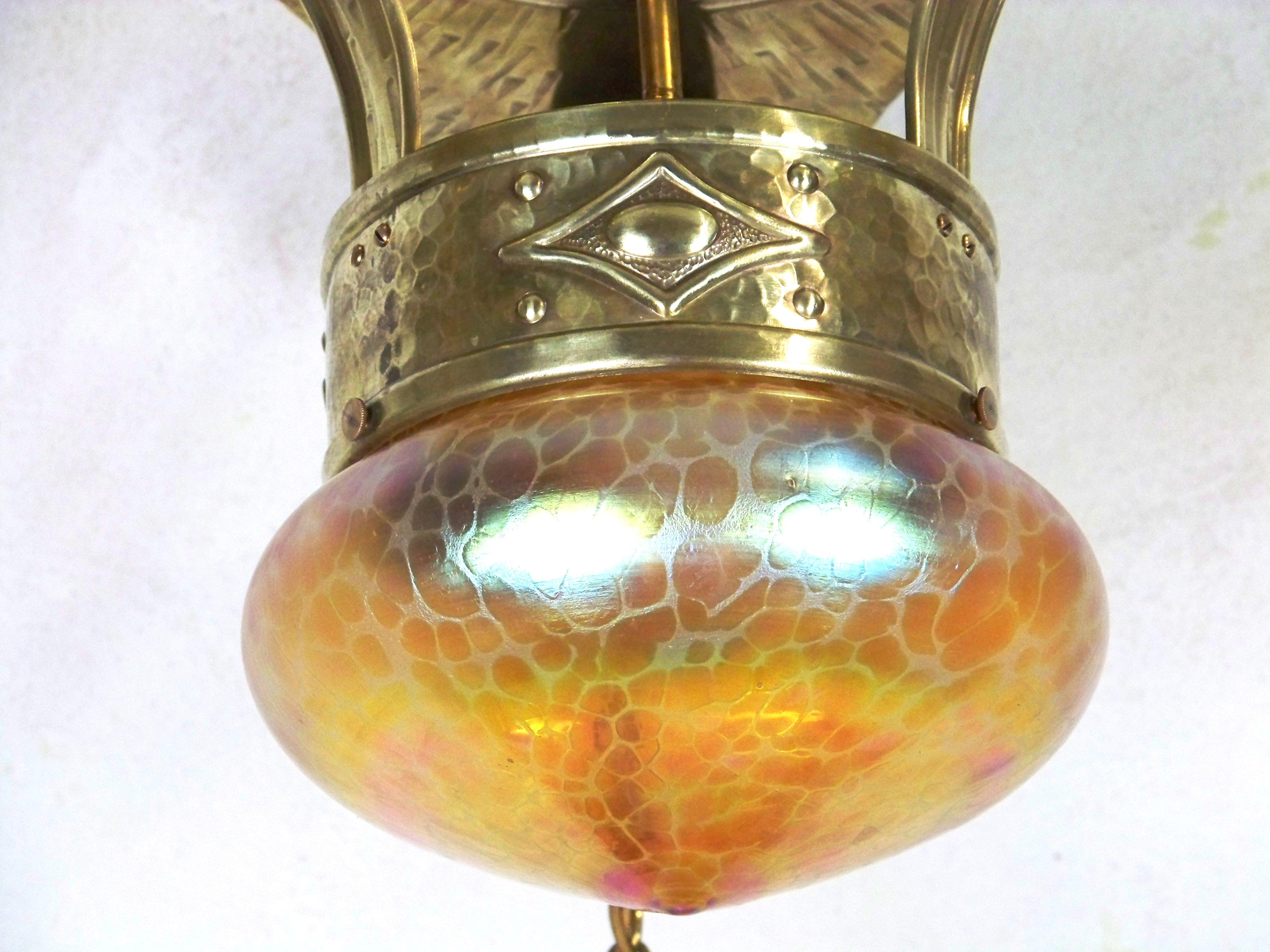Art Nouveau Chandelier, Ceiling Lamp, with Iridescent Glass, Loetz In Good Condition For Sale In Praha, CZ