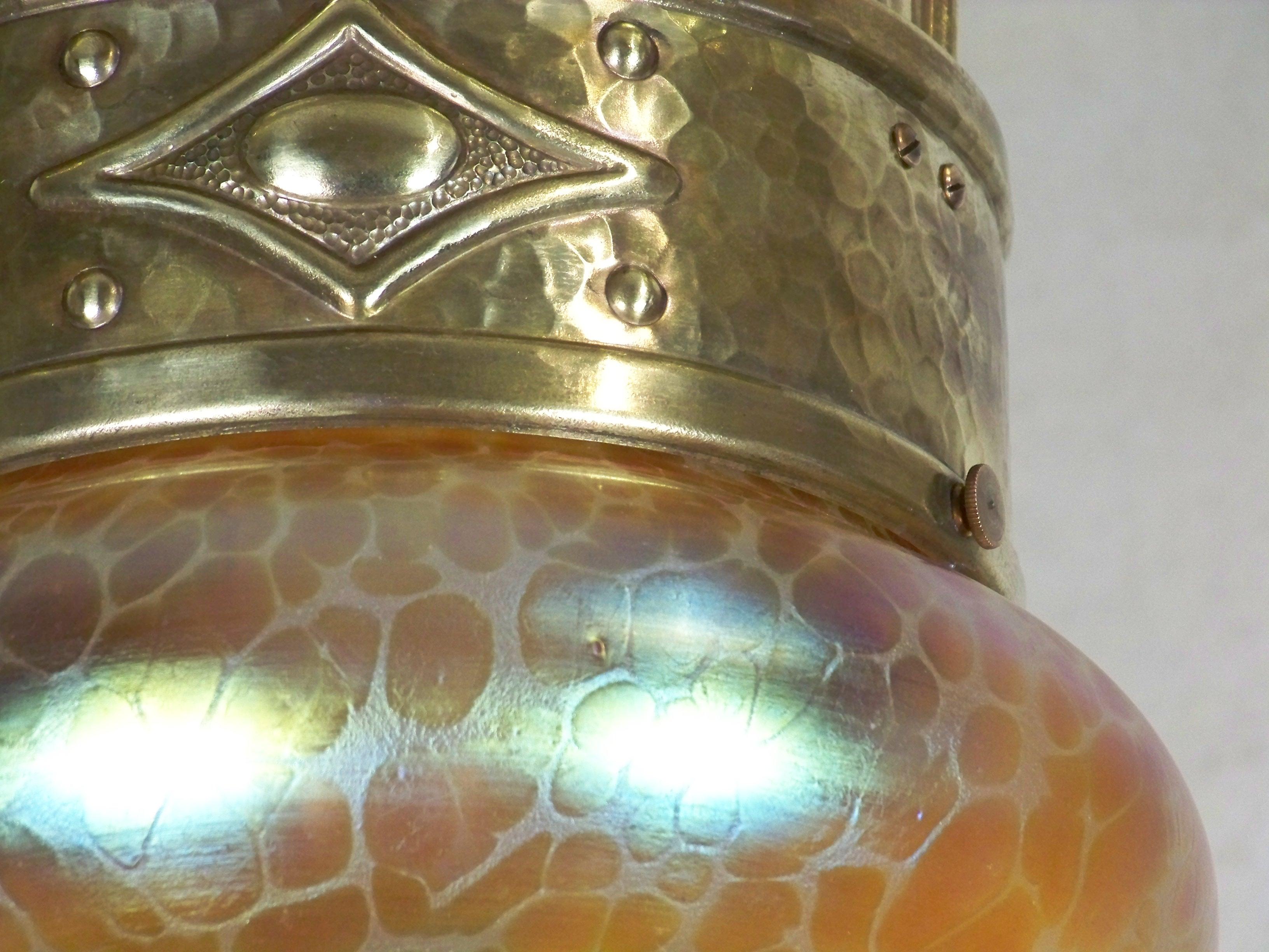 Brass Art Nouveau Chandelier, Ceiling Lamp, with Iridescent Glass, Loetz For Sale