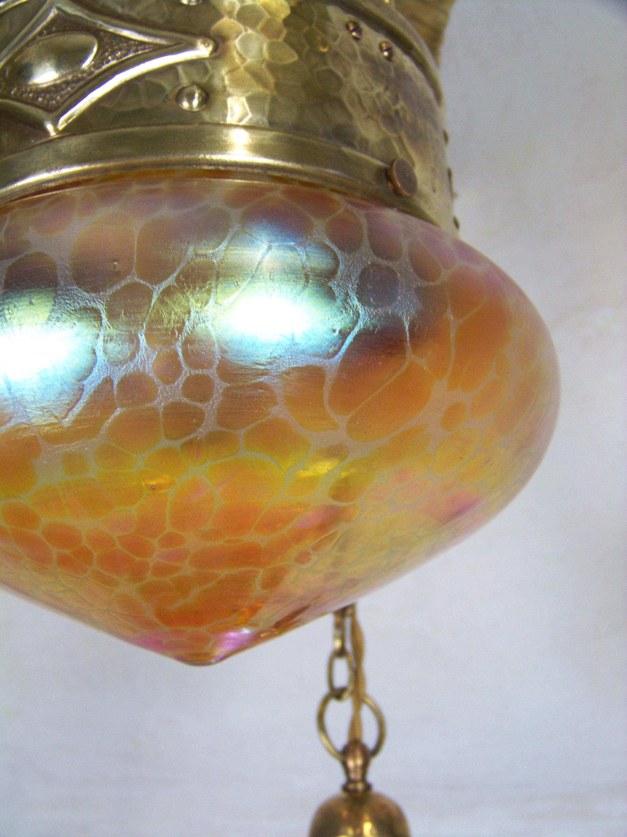 Art Nouveau Chandelier, Ceiling Lamp, with Iridescent Glass, Loetz For Sale 1