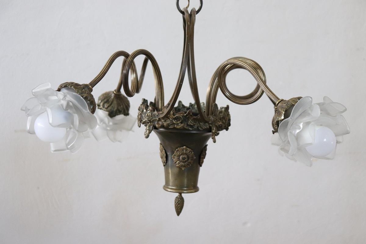 Art Nouveau Chandelier in Brass with 4 Bulbs 6