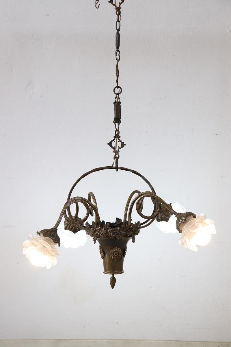 Italian Art Nouveau Chandelier in Brass with 4 Bulbs