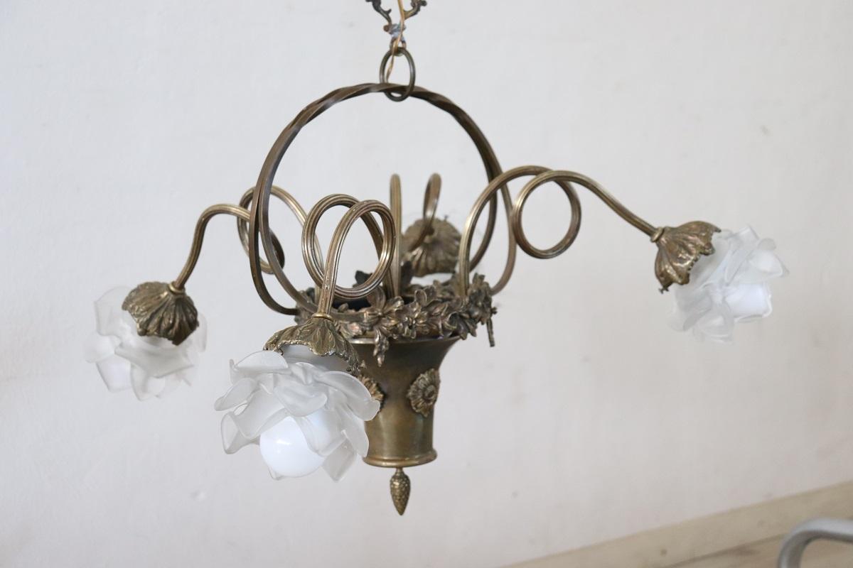 Early 20th Century Art Nouveau Chandelier in Brass with 4 Bulbs
