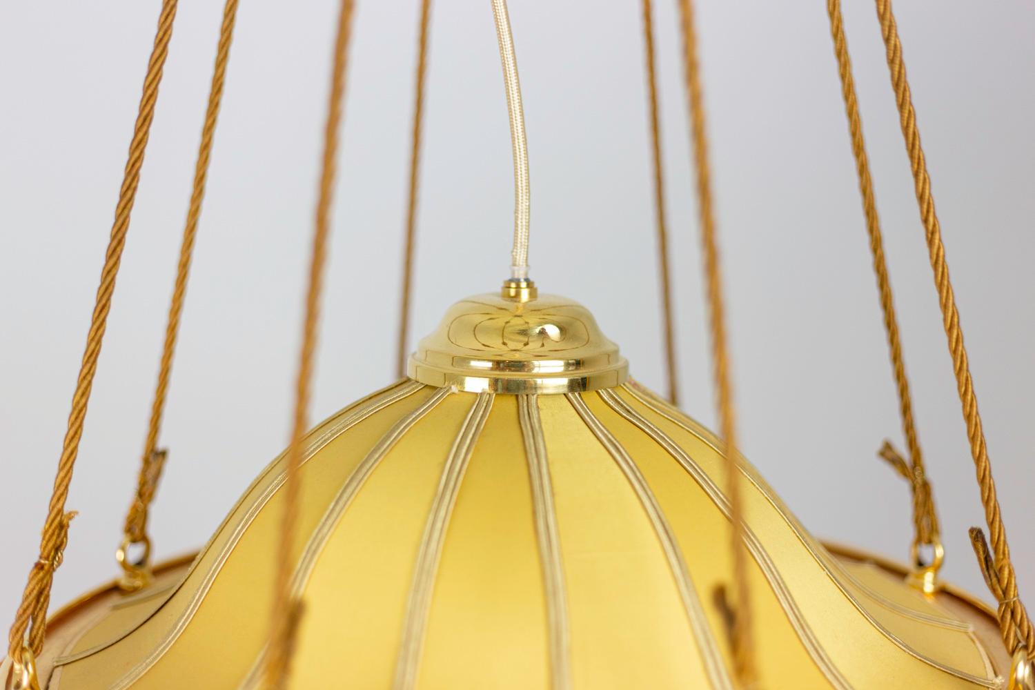 Art Nouveau Chandelier in Gilt Bronze and Yellow Fabric, circa 1900 In Good Condition In Saint-Ouen, FR