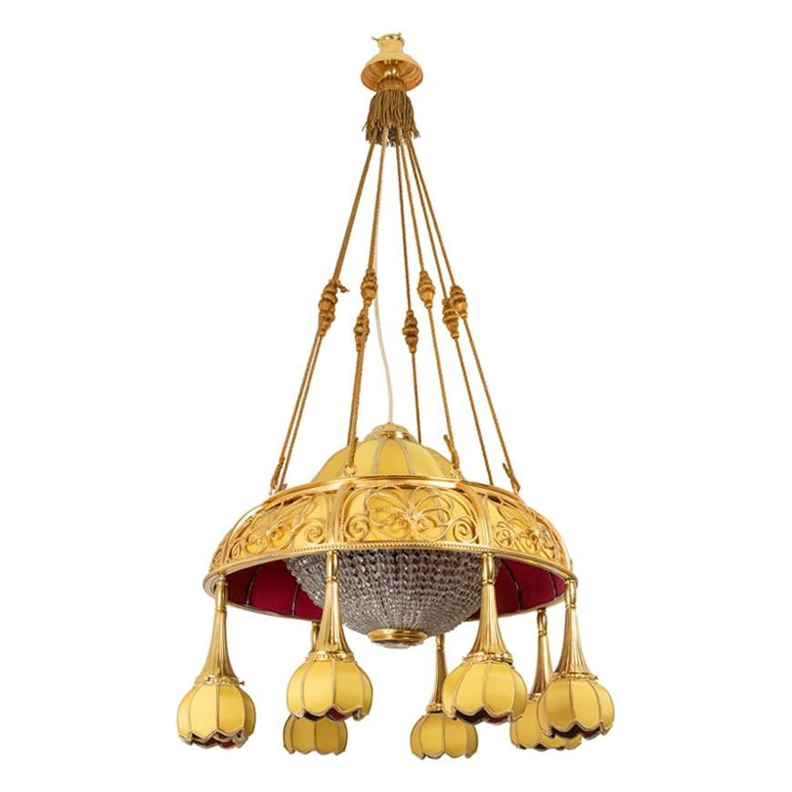 Art Nouveau Chandelier in Gilt Bronze and Yellow Fabric, circa 1900